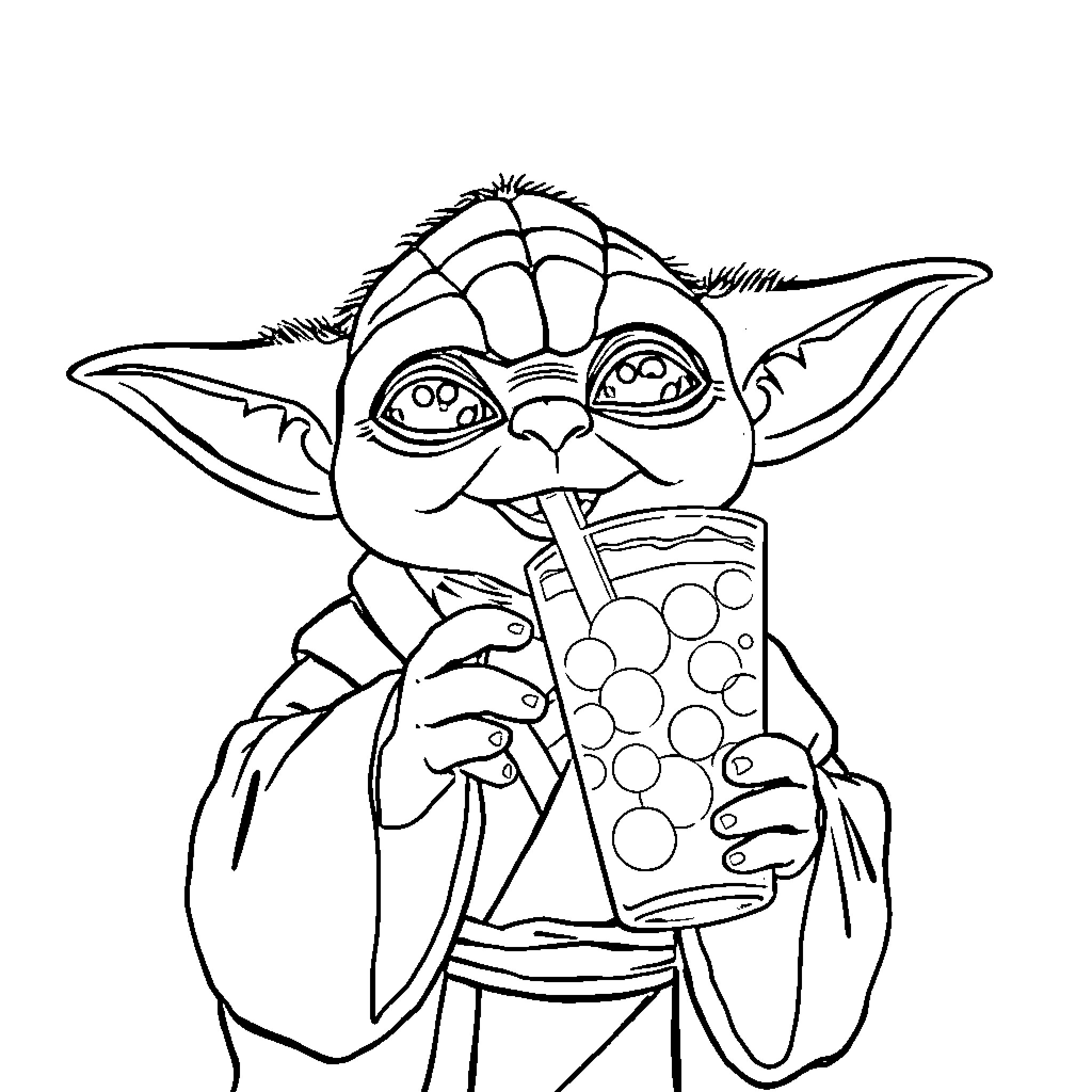 Yoda enjoying a refreshing beverage Coloring Page (free black-and-white line drawing printable PDF for all, from beginners to advanced learners, including children, teens, adults, and seniors)