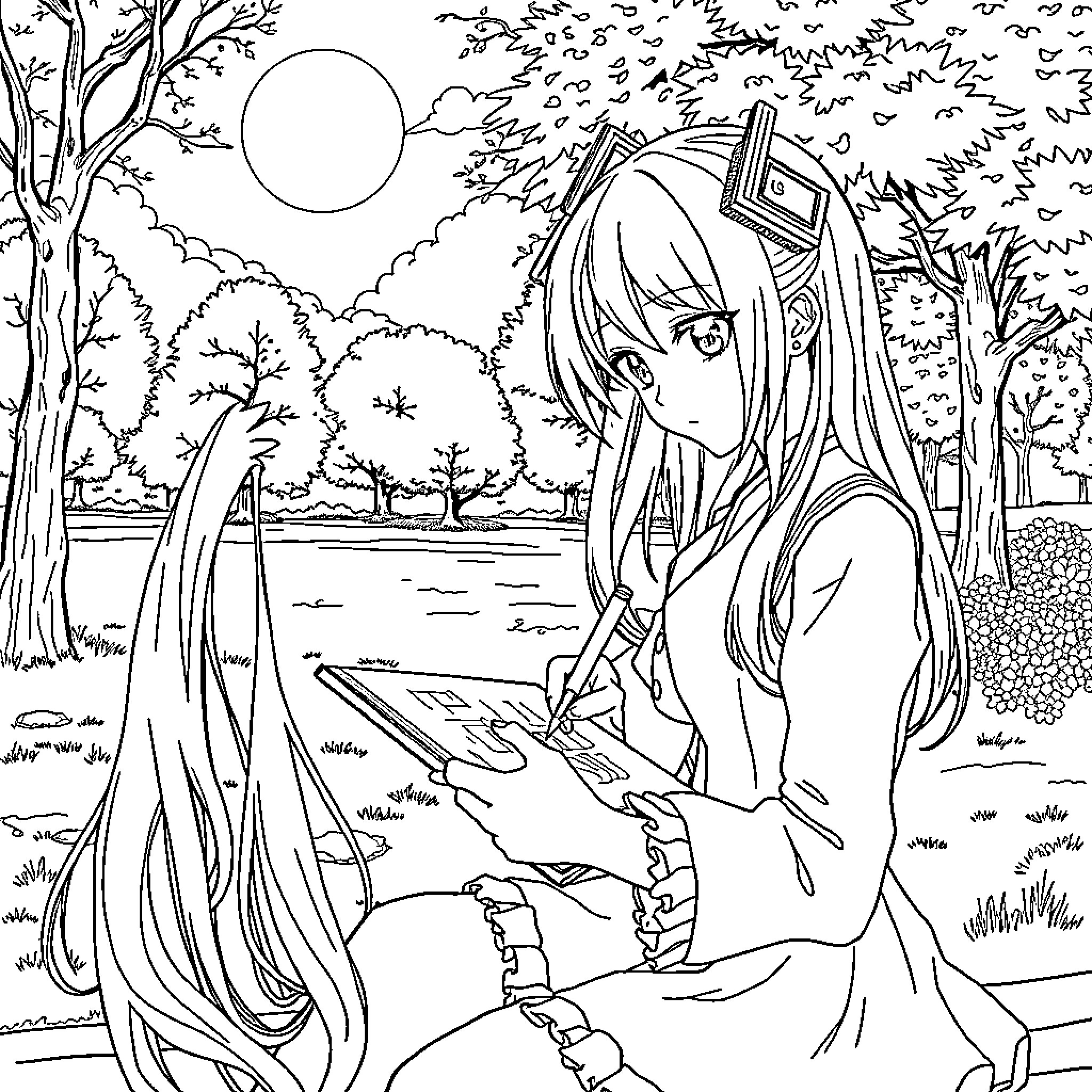Miku in a serene outdoor setting Coloring Page (free black-and-white line drawing printable PDF for all, from beginners to advanced learners, including children, teens, adults, and seniors)