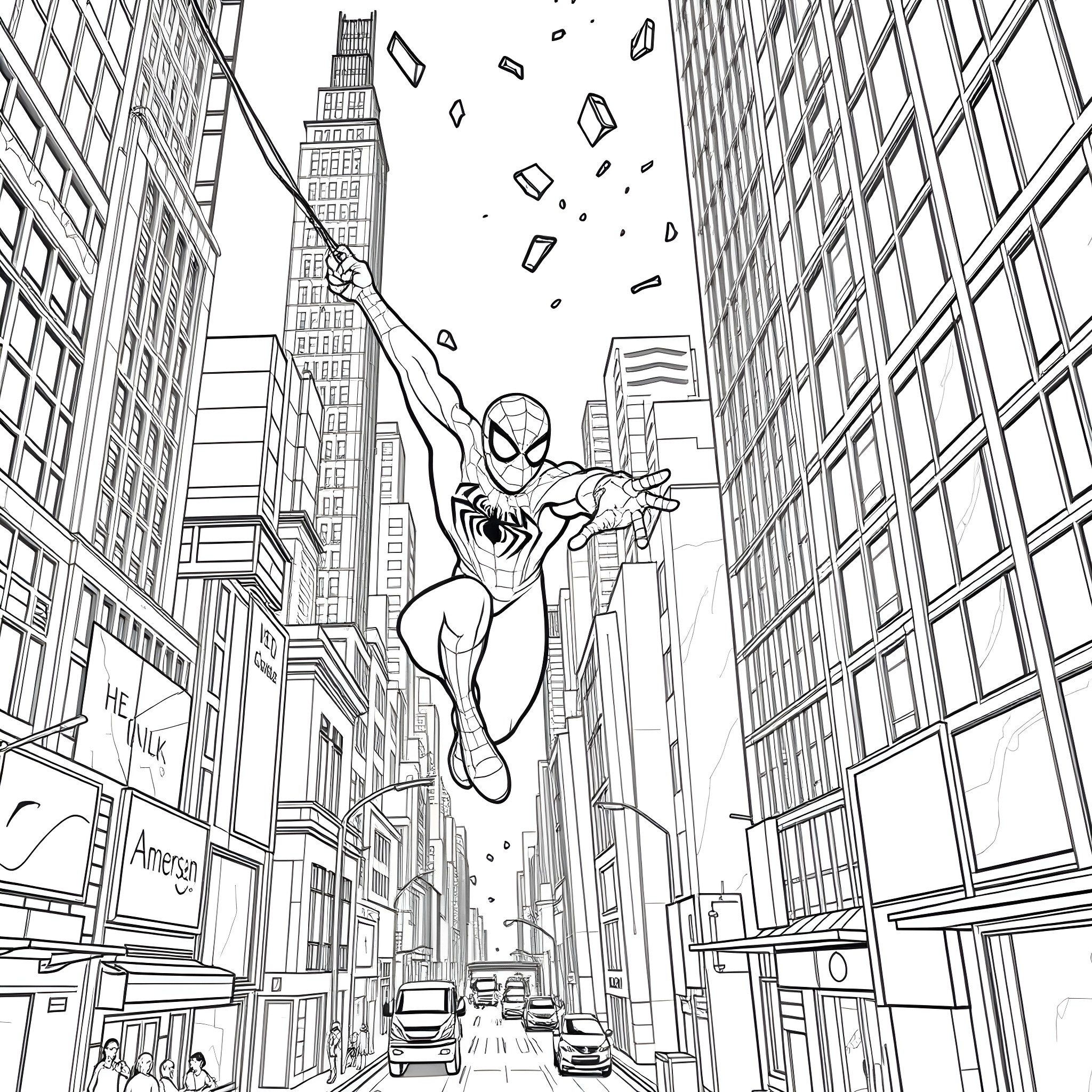 Spider-Man swinging through the city streets Coloring Page (free black-and-white line drawing printable PDF for all, from beginners to advanced learners, including children, teens, adults, and seniors)