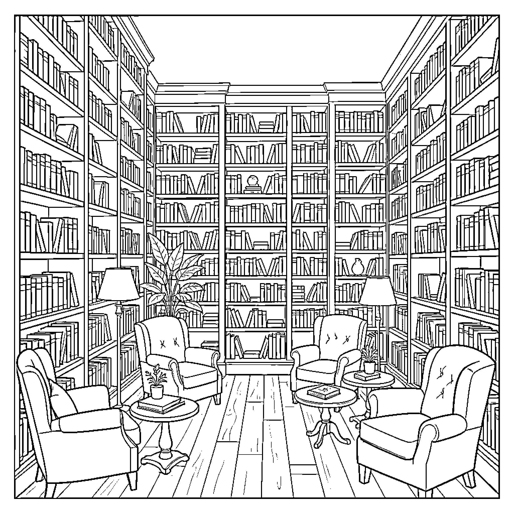 Library with Rows of Bookshelves and Cozy Seating Coloring Page (free black-and-white line drawing printable PDF for all, from beginners to advanced learners, including children, teens, adults, and seniors)
