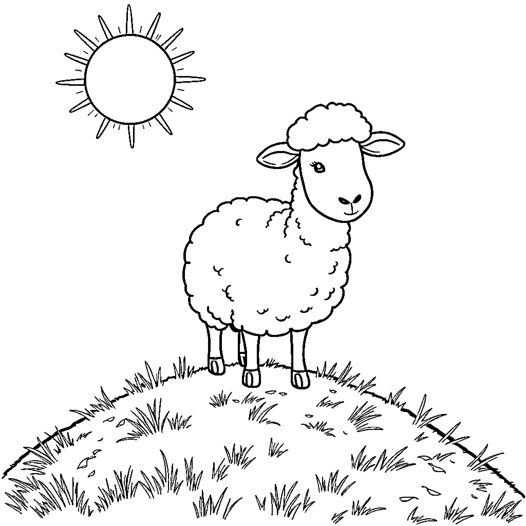 Shaun the Sheep standing in the grassy field Coloring Page (free black-and-white line drawing printable PDF for all, from beginners to advanced learners, including children, teens, adults, and seniors)