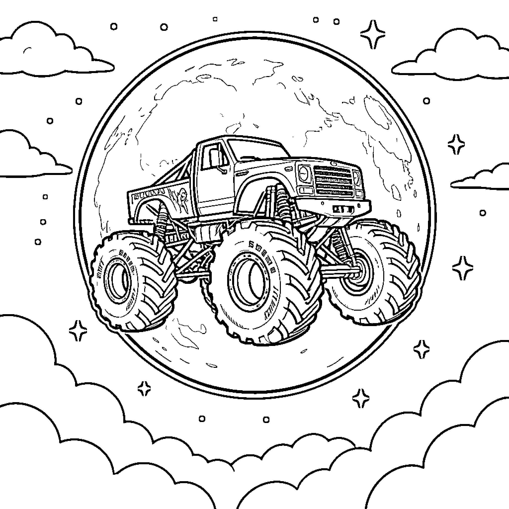 Monster Truck Conquering the Globe Coloring Page (free black-and-white line drawing printable PDF for all, from beginners to advanced learners, including children, teens, adults, and seniors)