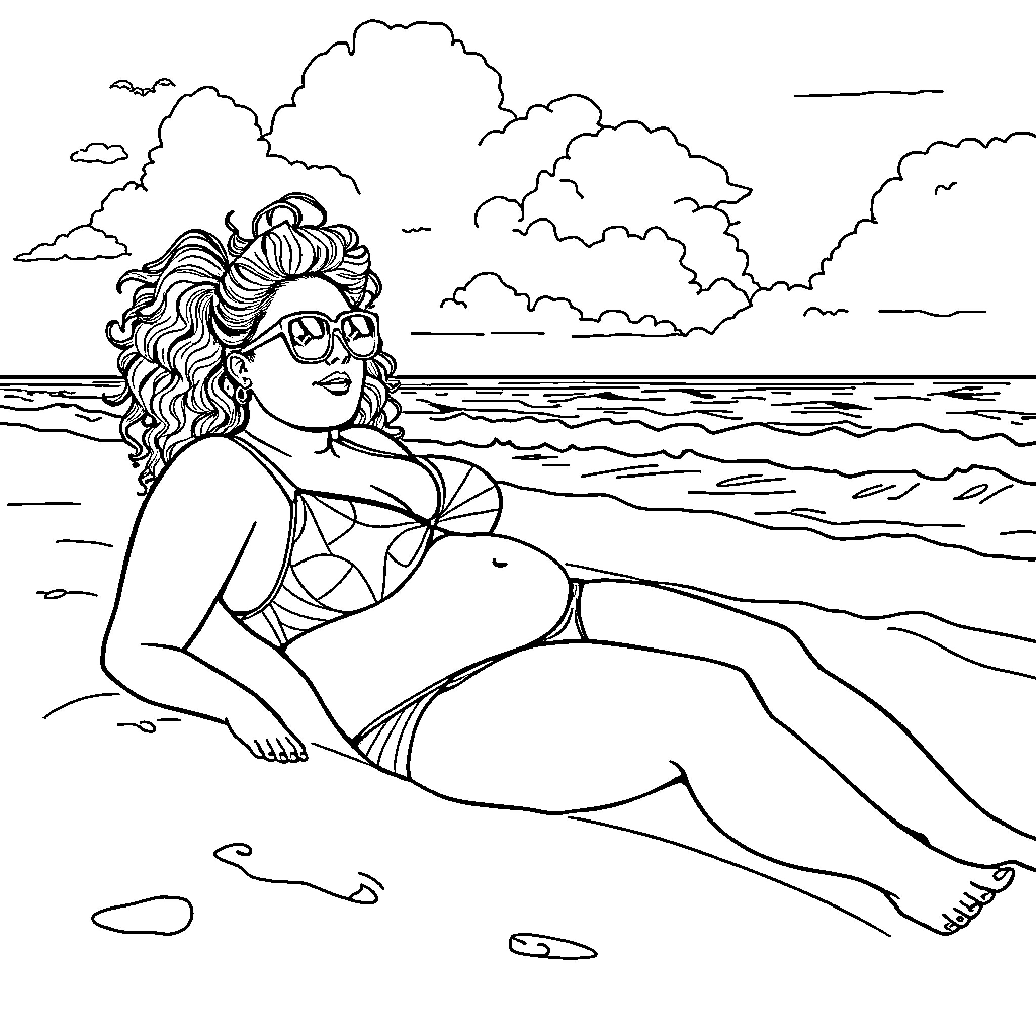 Woman enjoying the beach in swimwear Coloring Page (free black-and-white line drawing printable PDF for all, from beginners to advanced learners, including children, teens, adults, and seniors)