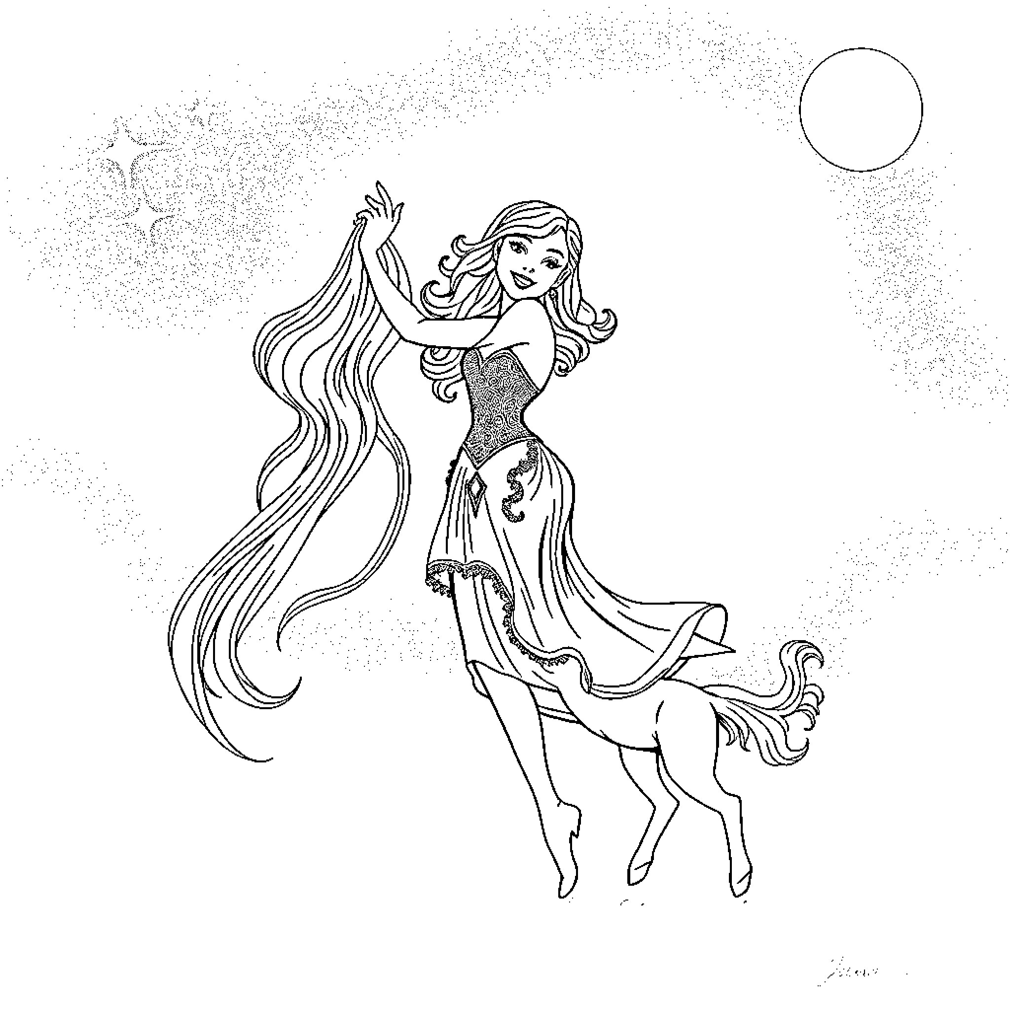 Jana's Whimsical Dance with Unicorn Coloring Page (free black-and-white line drawing printable PDF for all, from beginners to advanced learners, including children, teens, adults, and seniors)