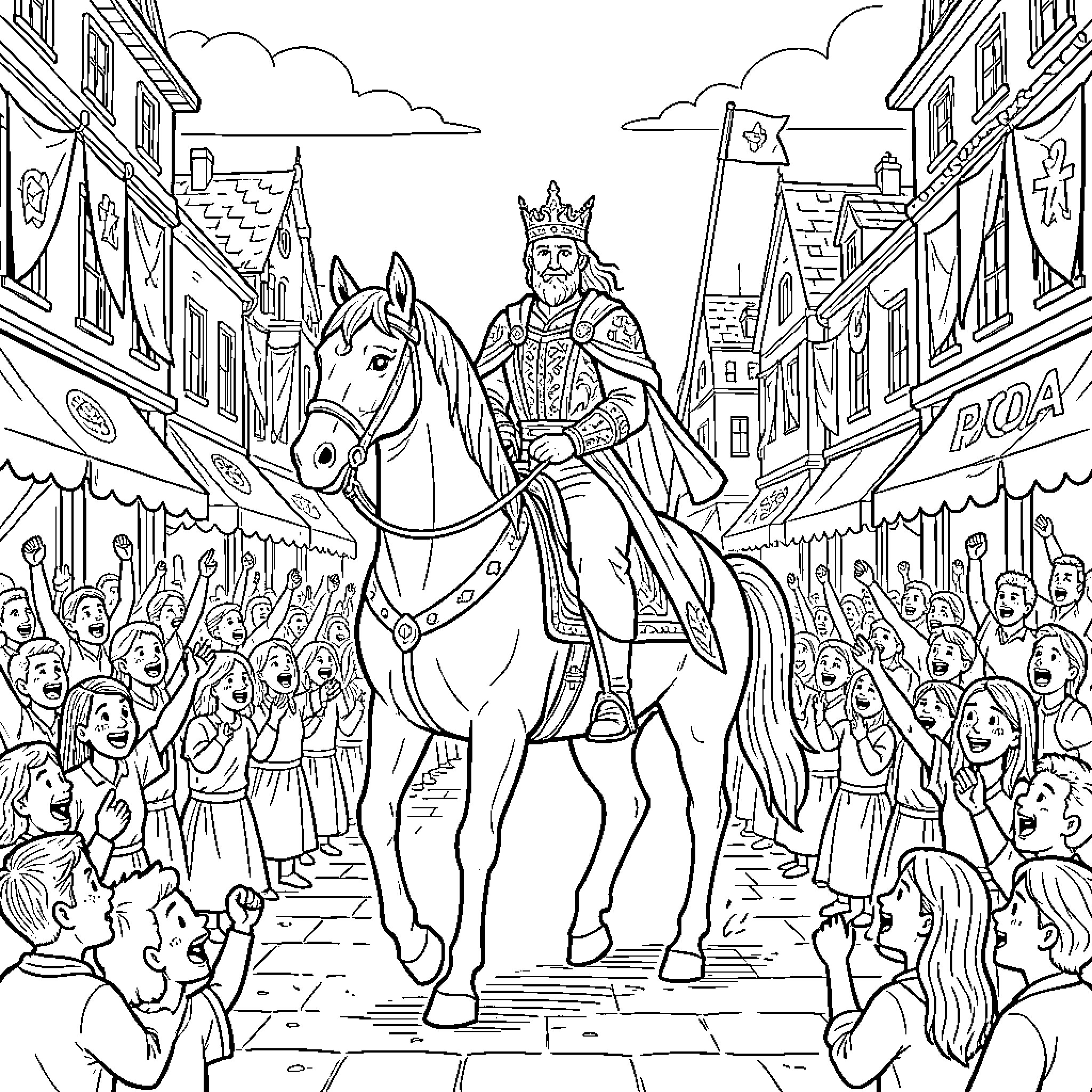 King's Triumphant Parade through the Cheering Crowd Coloring Page (free black-and-white line drawing printable PDF for all, from beginners to advanced learners, including children, teens, adults, and seniors)