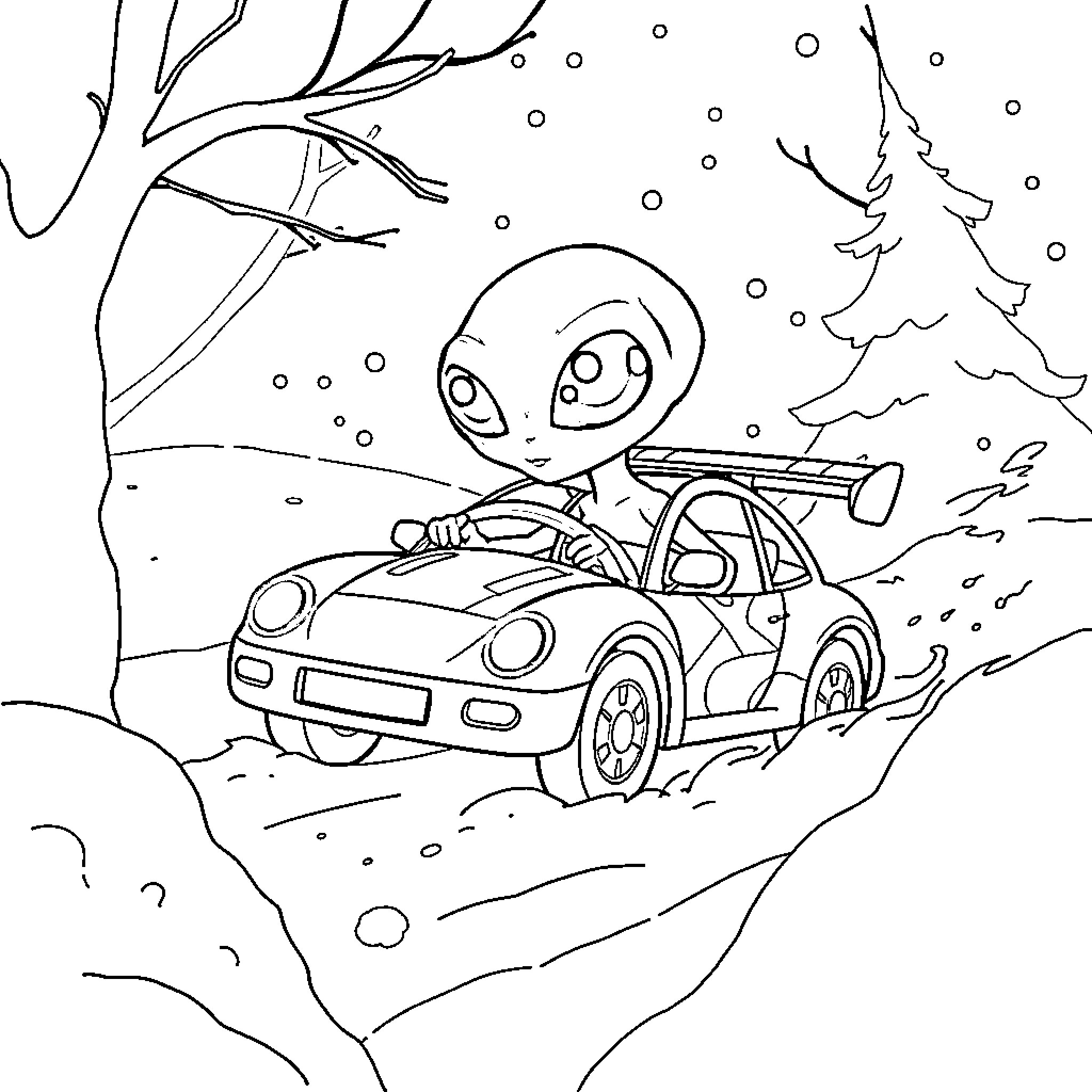 Alien driving car in snowy winter landscape Coloring Page (free black-and-white line drawing printable PDF for all, from beginners to advanced learners, including children, teens, adults, and seniors)
