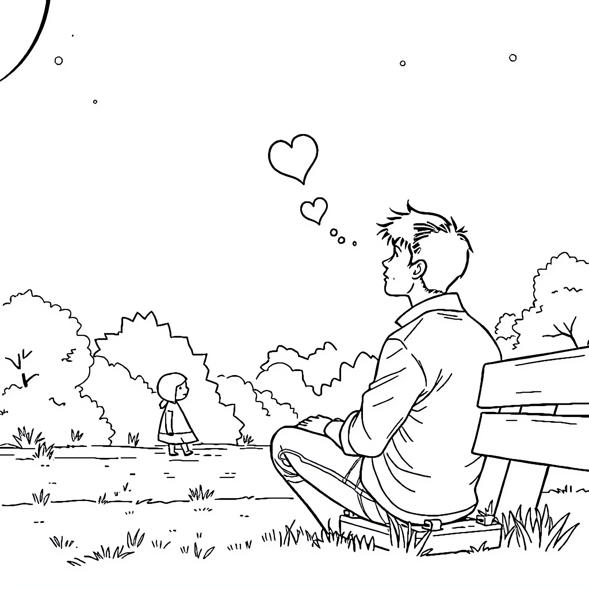 Man sitting on bench contemplating love in nature Coloring Page (free black-and-white line drawing printable PDF for all, from beginners to advanced learners, including children, teens, adults, and seniors)