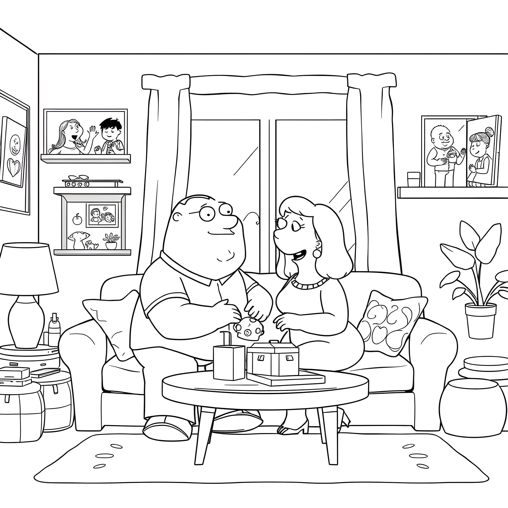 Peter Griffin and Lois in a cozy living room Coloring Page (free black-and-white line drawing printable PDF for all, from beginners to advanced learners, including children, teens, adults, and seniors)