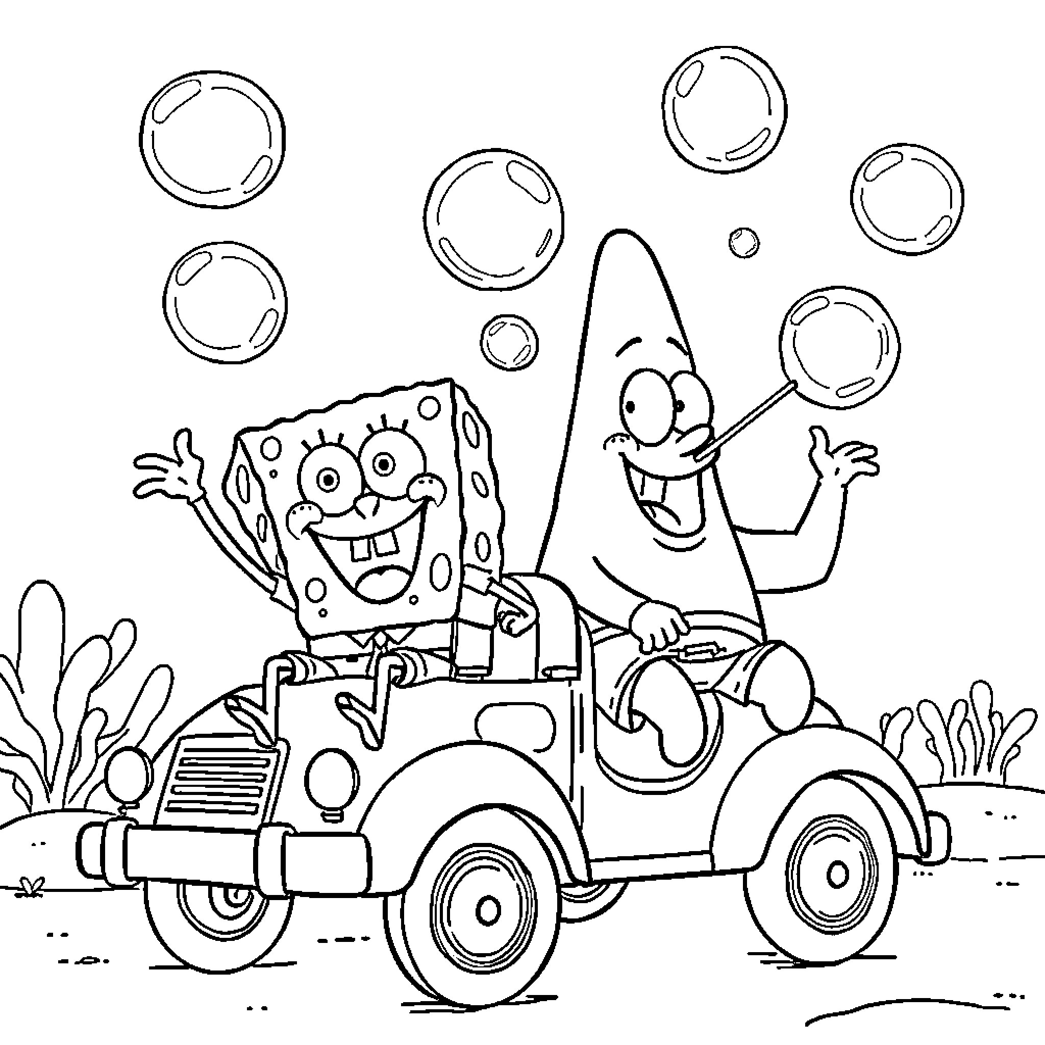 Spongebob driving a car and blowing bubbles Coloring Page (free black-and-white line drawing printable PDF for all, from beginners to advanced learners, including children, teens, adults, and seniors)