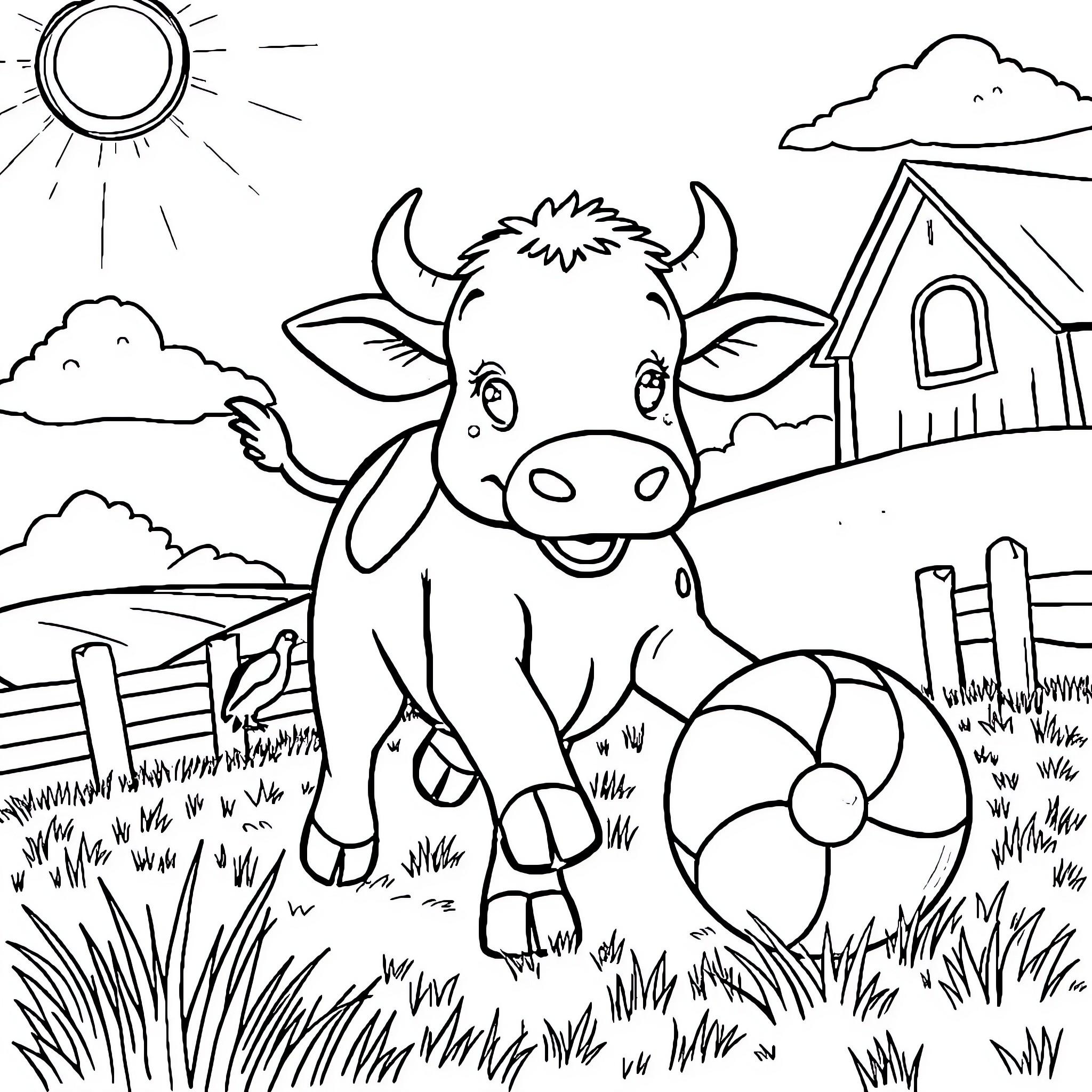 Cow enjoying the sunny day on the farm Coloring Page (free black-and-white line drawing printable PDF for all, from beginners to advanced learners, including children, teens, adults, and seniors)