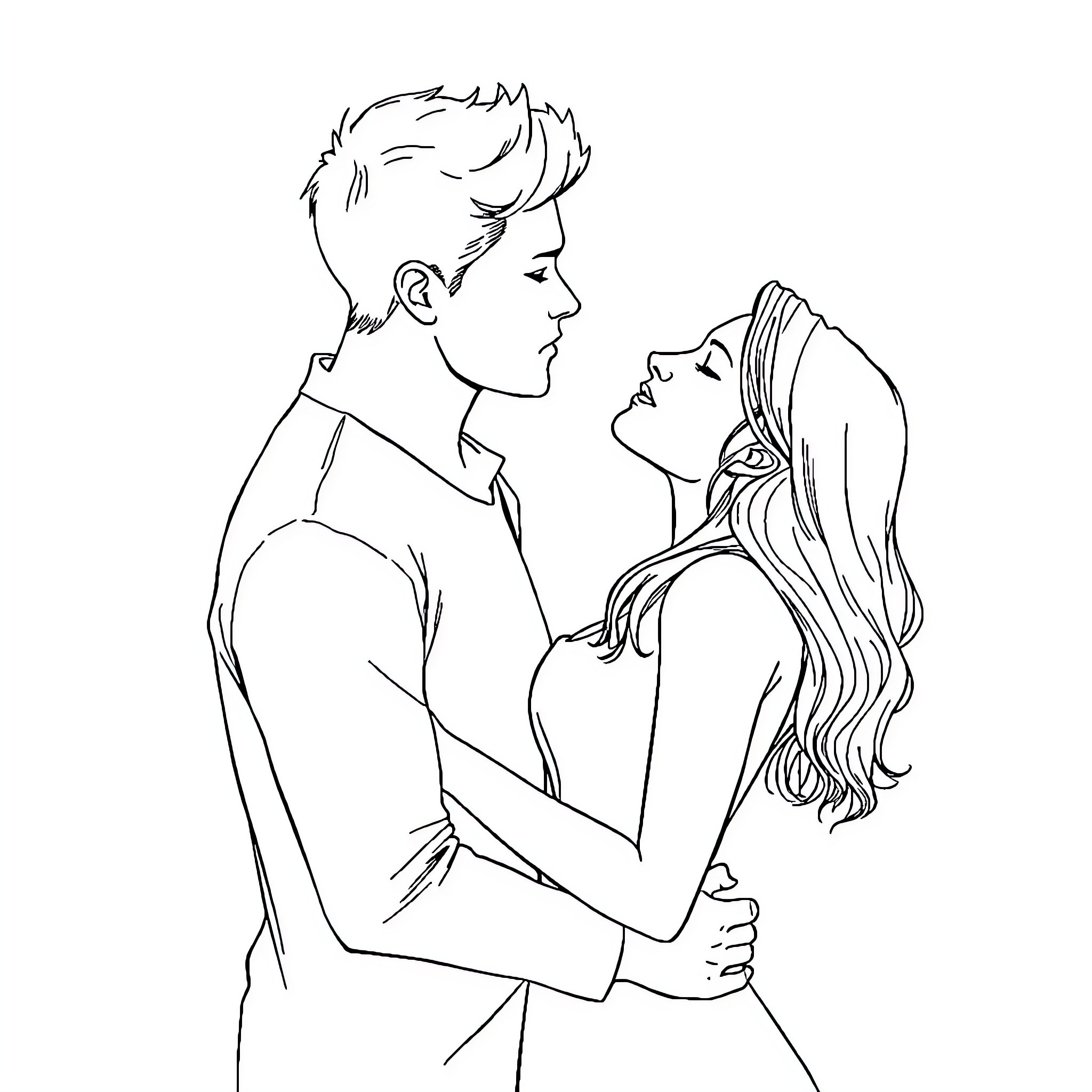 Couple sharing an intimate moment Coloring Page (free black-and-white line drawing printable PDF for all, from beginners to advanced learners, including children, teens, adults, and seniors)