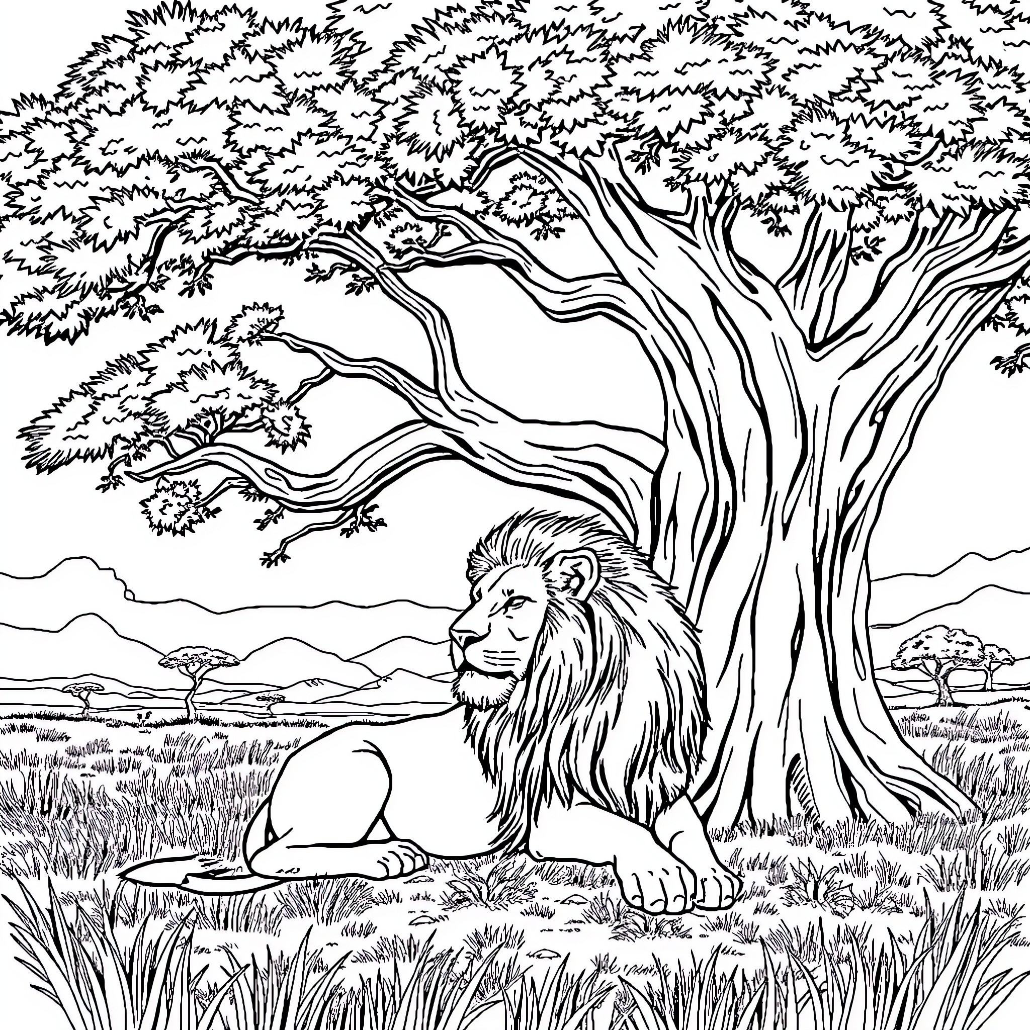 Lion resting under a large tree in the wild Coloring Page (free black-and-white line drawing printable PDF for all, from beginners to advanced learners, including children, teens, adults, and seniors)