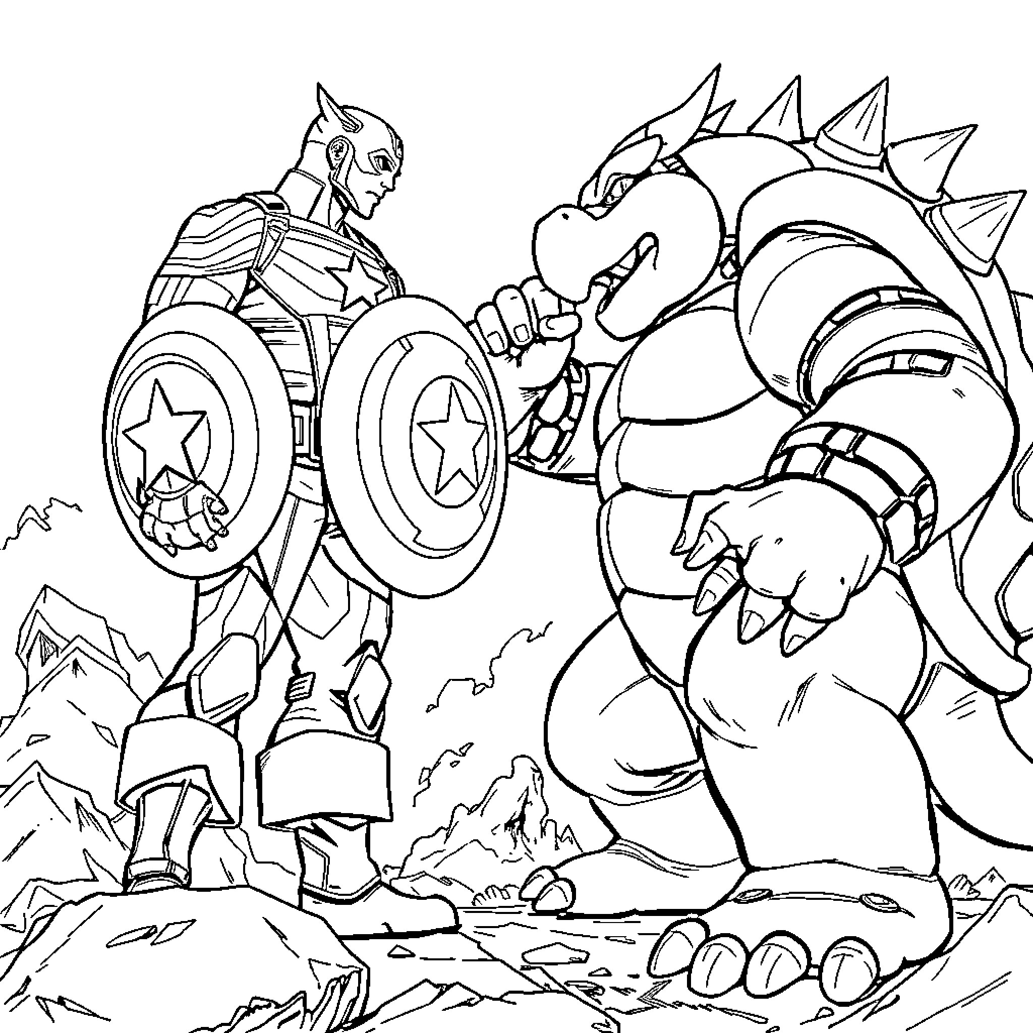 Captain America battles a ferocious monster in the wilderness Coloring Page (free black-and-white line drawing printable PDF for all, from beginners to advanced learners, including children, teens, adults, and seniors)