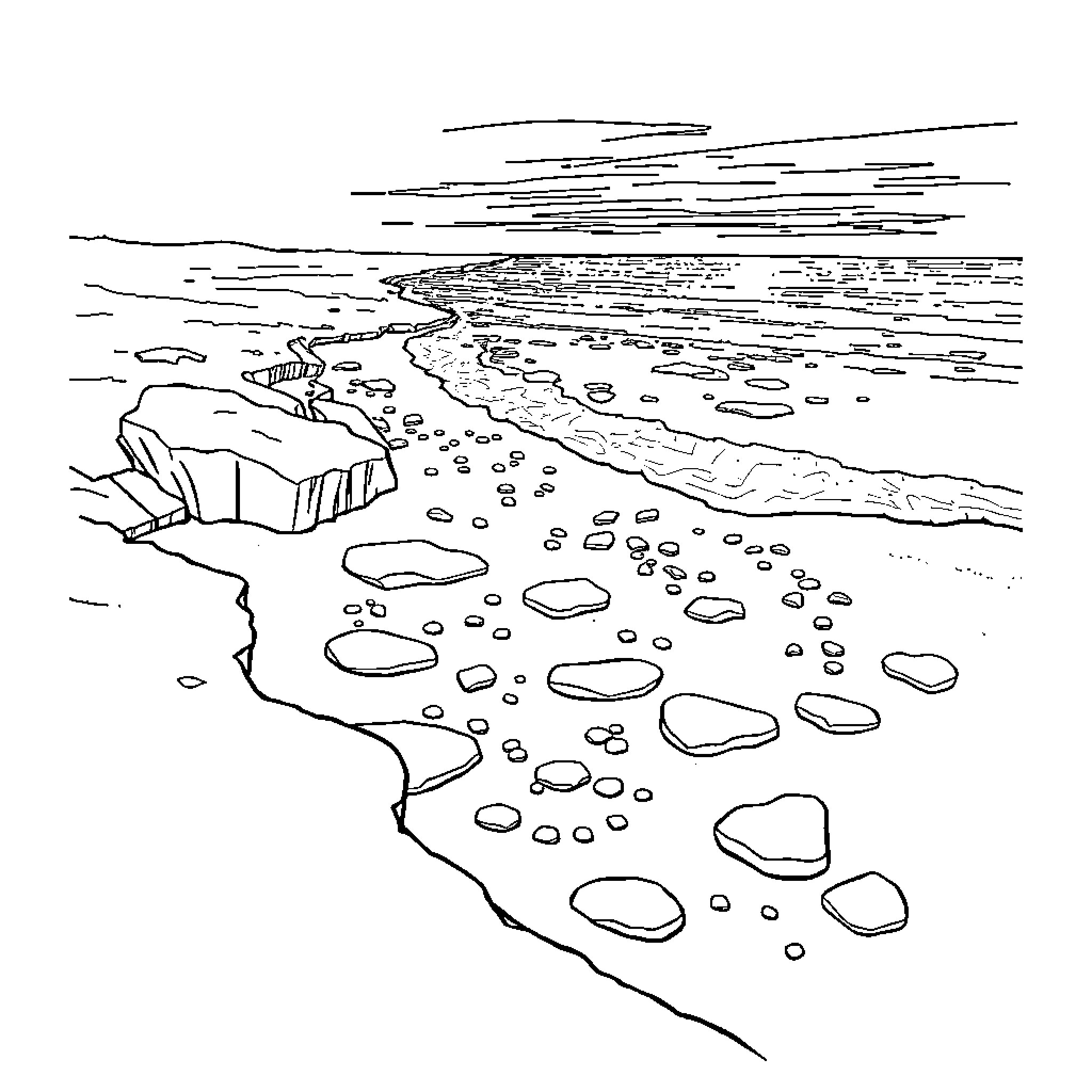 Frozen coastline with rocky formations and waves Coloring Page (free black-and-white line drawing printable PDF for all, from beginners to advanced learners, including children, teens, adults, and seniors)