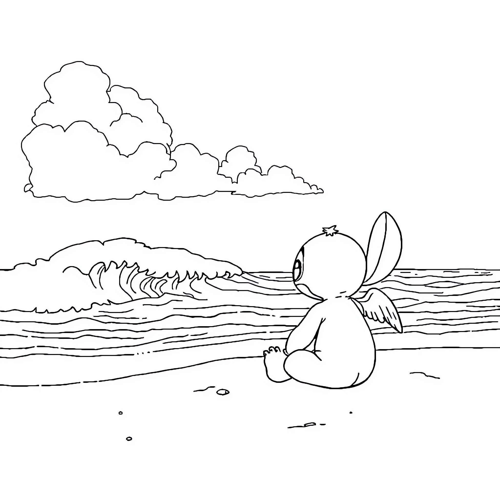 Stitch relaxing by the serene ocean Coloring Page (free black-and-white line drawing printable PDF for all, from beginners to advanced learners, including children, teens, adults, and seniors)