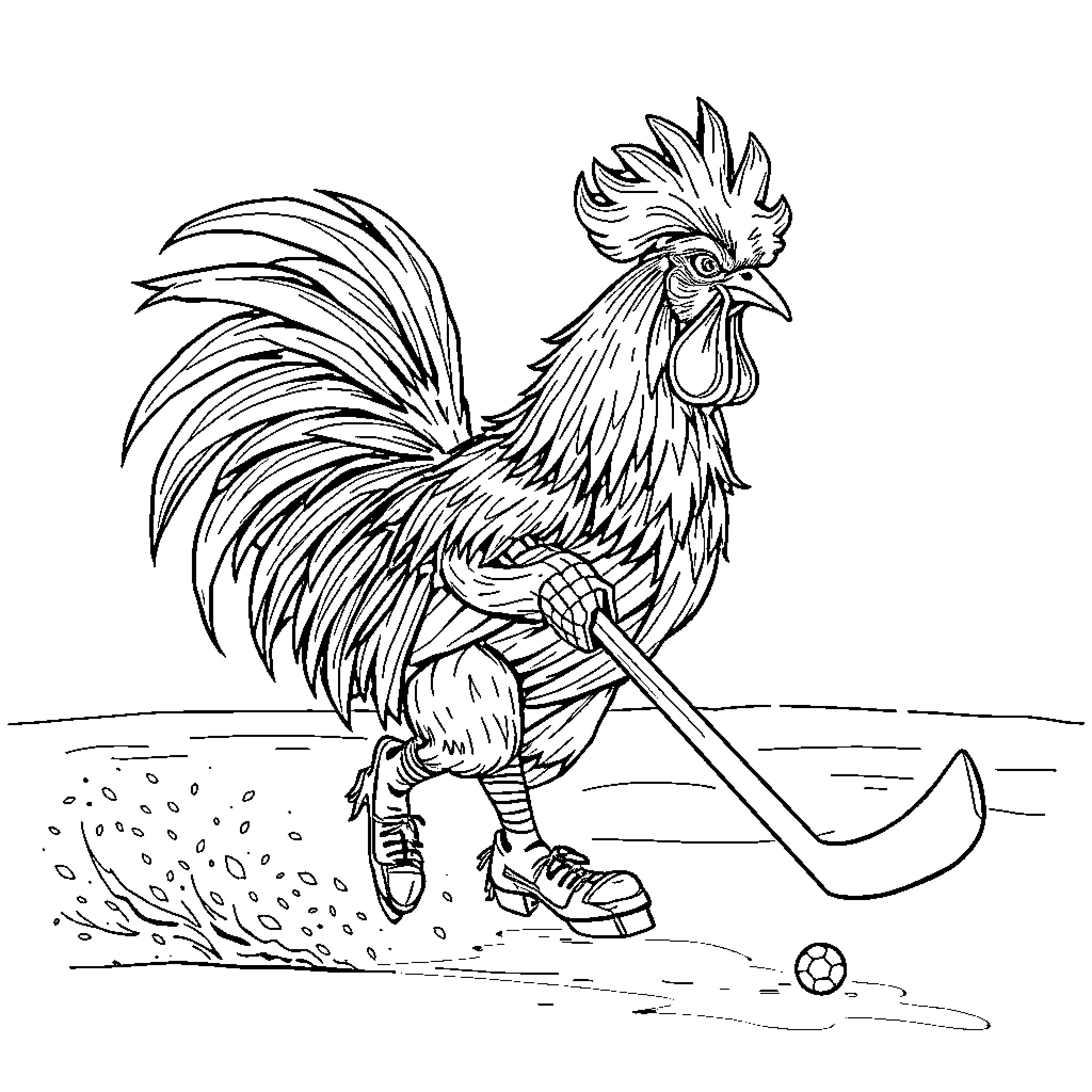 Rooster playing with soccer ball on field Coloring Page (free black-and-white line drawing printable PDF for all, from beginners to advanced learners, including children, teens, adults, and seniors)