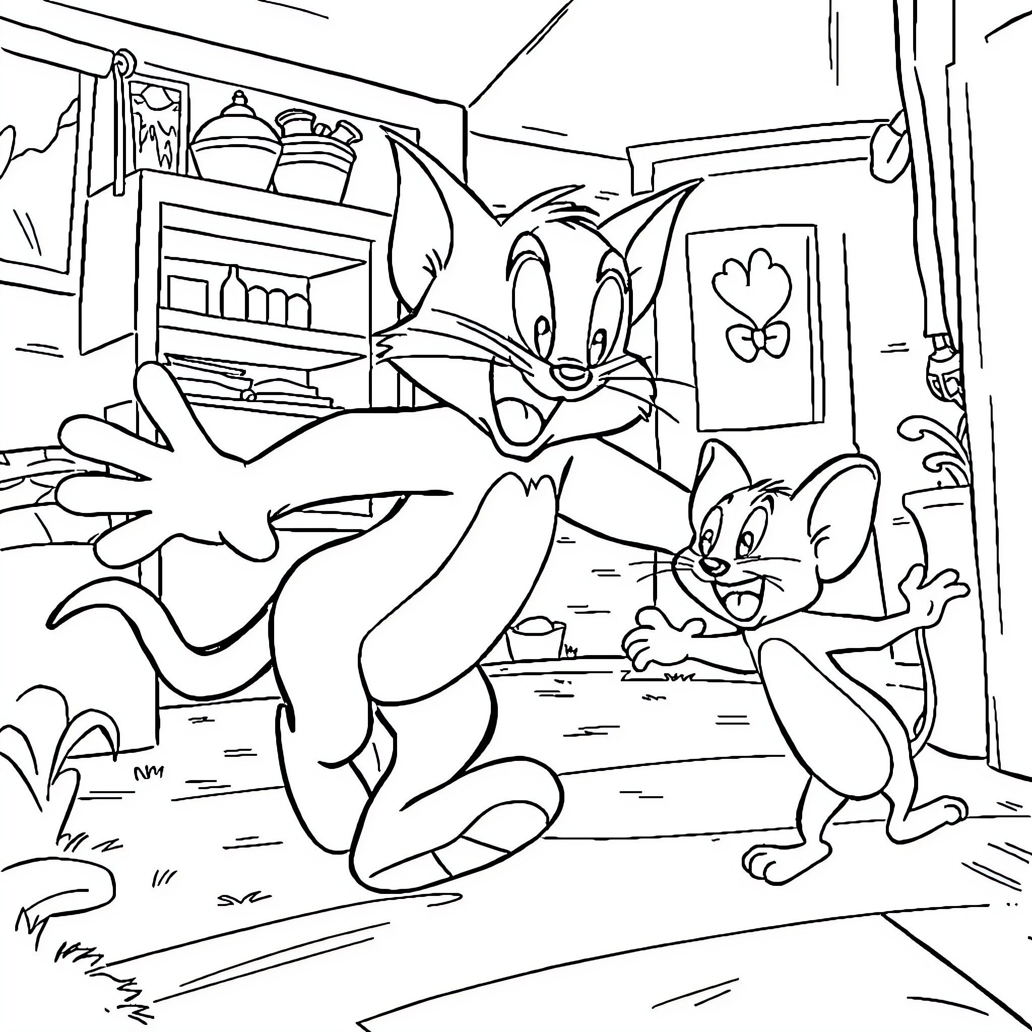 Tom and Jerry's Playful Antics in the Cozy Home Coloring Page (free black-and-white line drawing printable PDF for all, from beginners to advanced learners, including children, teens, adults, and seniors)