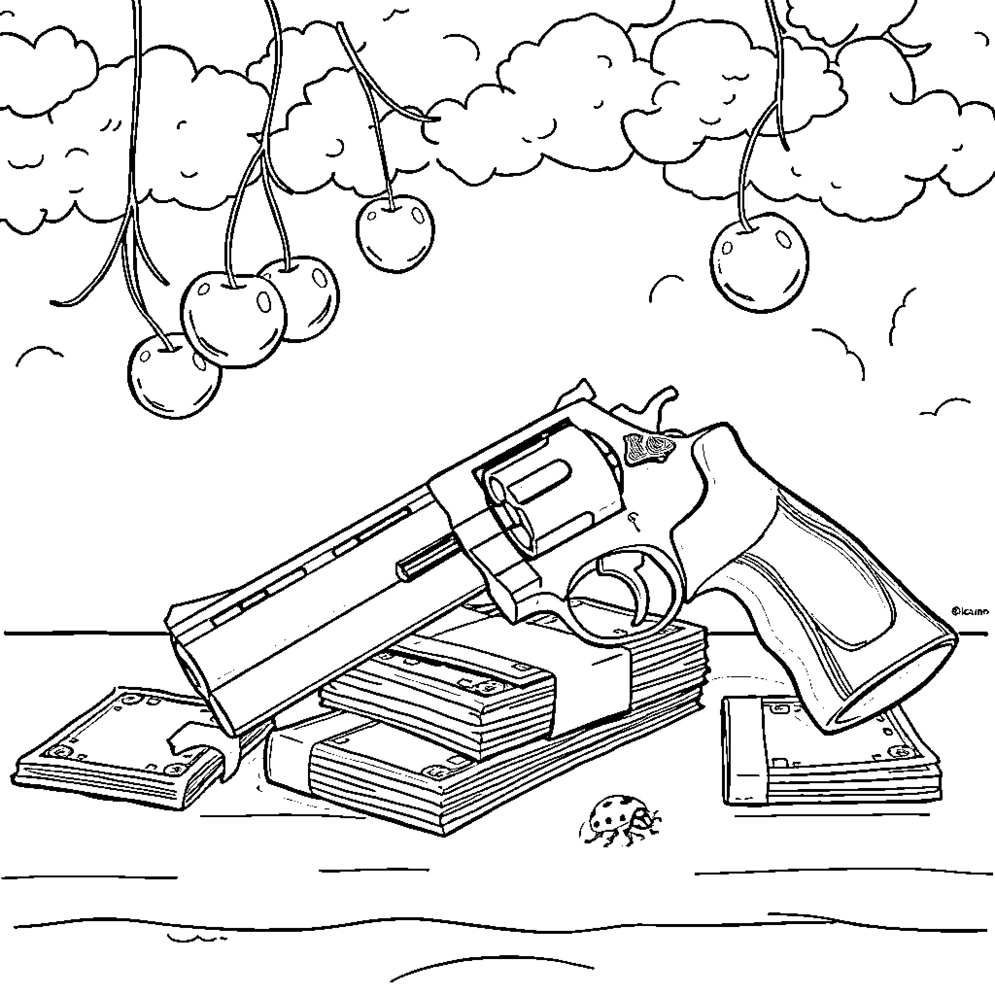 Revolver among books under cloudy sky Coloring Page (free black-and-white line drawing printable PDF for all, from beginners to advanced learners, including children, teens, adults, and seniors)