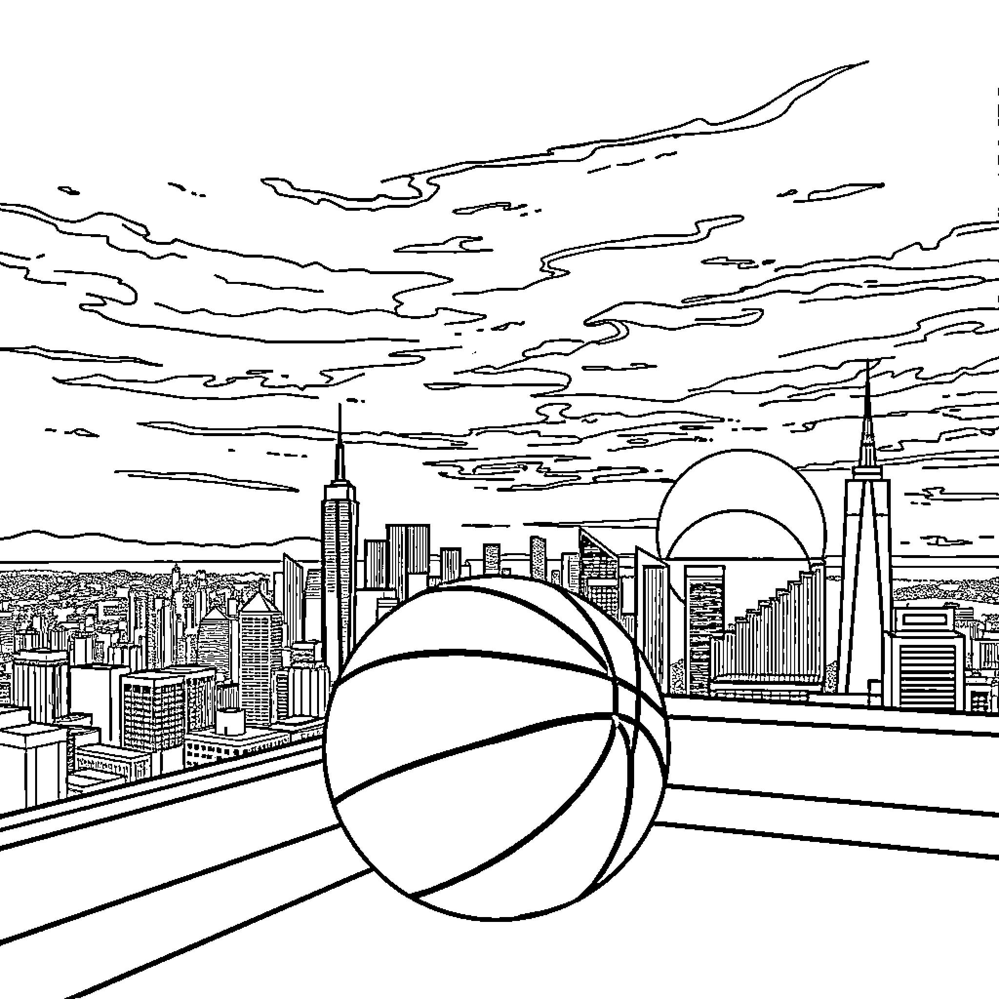 Basketball Game in the City Skyline Coloring Page (free black-and-white line drawing printable PDF for all, from beginners to advanced learners, including children, teens, adults, and seniors)