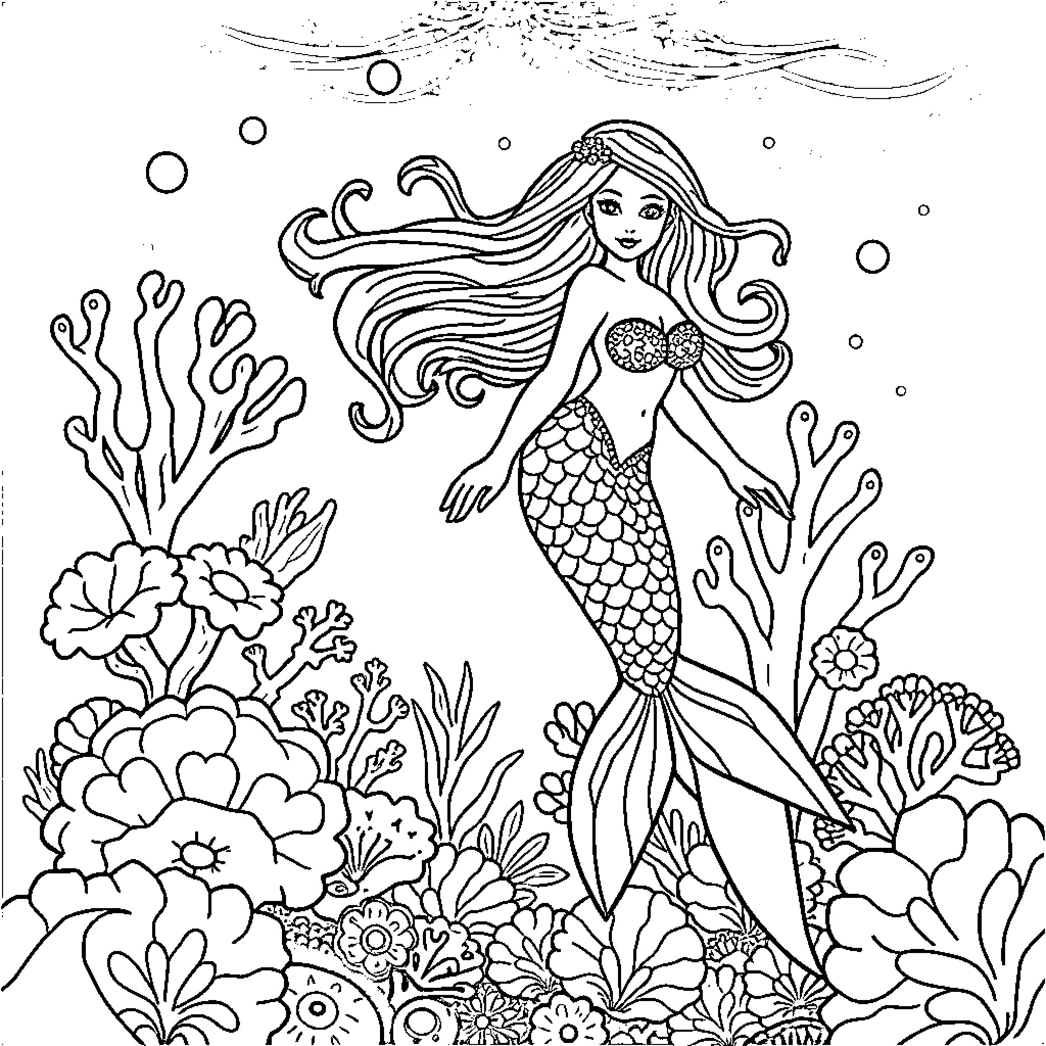 Mermaid swimming among the coral reef Coloring Page (free black-and-white line drawing printable PDF for all, from beginners to advanced learners, including children, teens, adults, and seniors)
