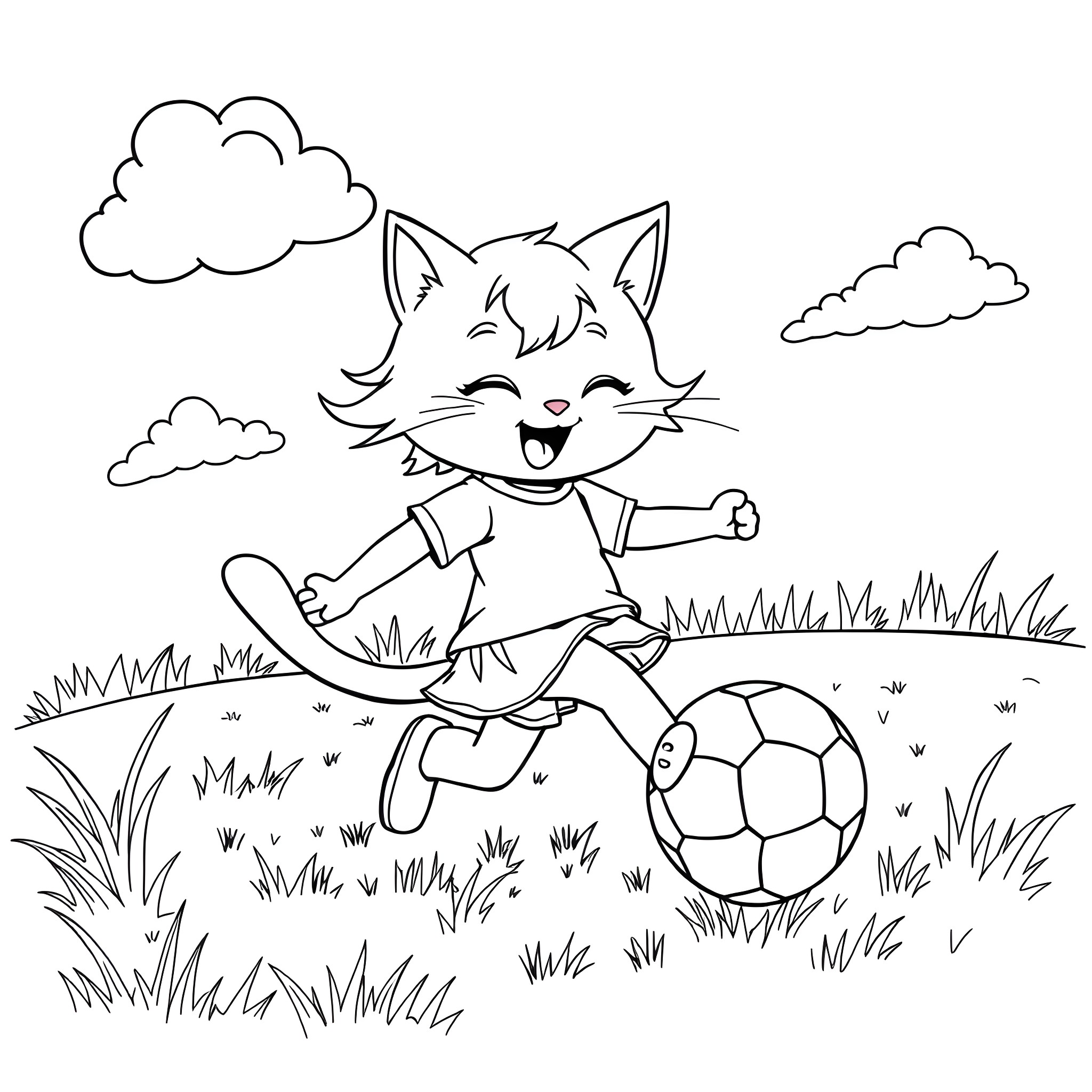 Cat Girl Happily Playing with Soccer Ball in the Meadow Coloring Page (free black-and-white line drawing printable PDF for all, from beginners to advanced learners, including children, teens, adults, and seniors)