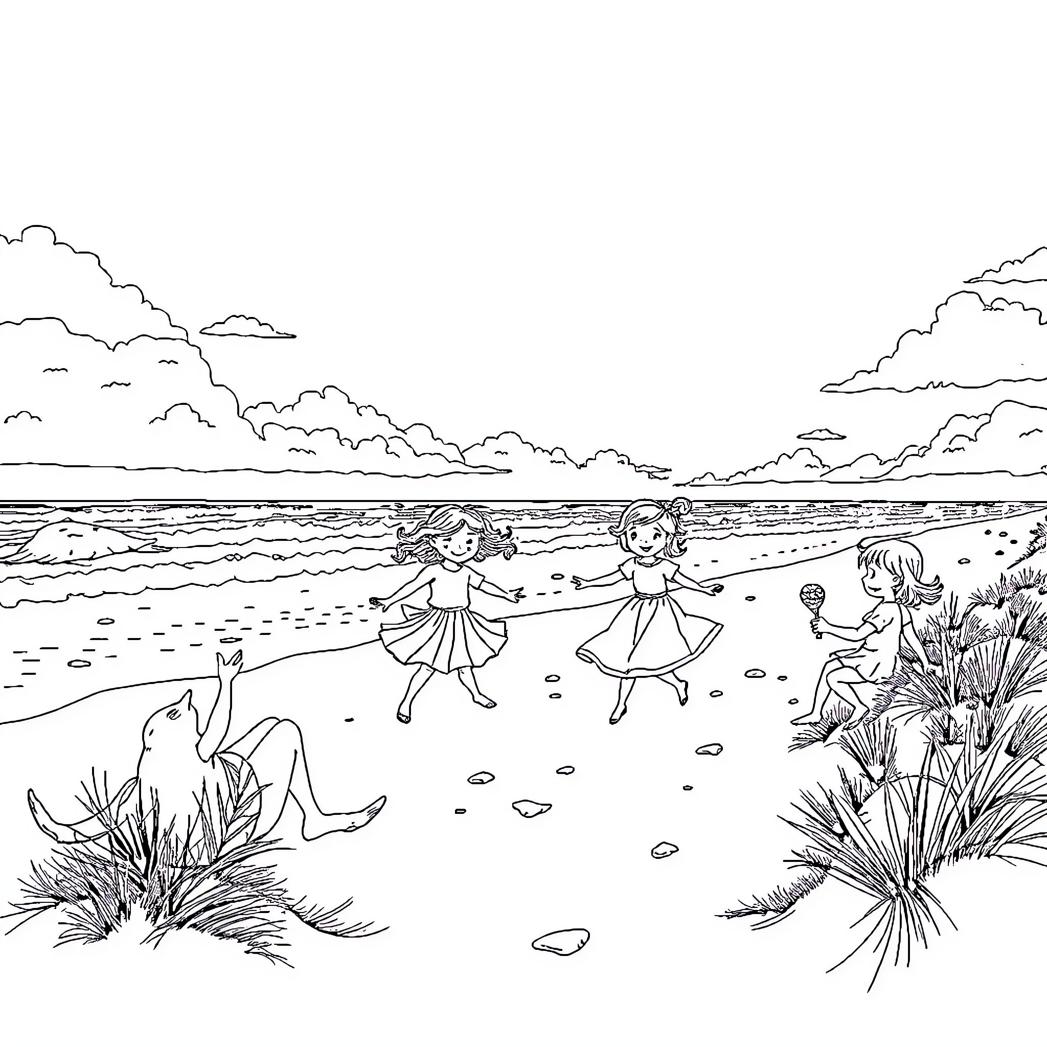 Snow White's Seaside Adventure with Friends Coloring Page (free black-and-white line drawing printable PDF for all, from beginners to advanced learners, including children, teens, adults, and seniors)