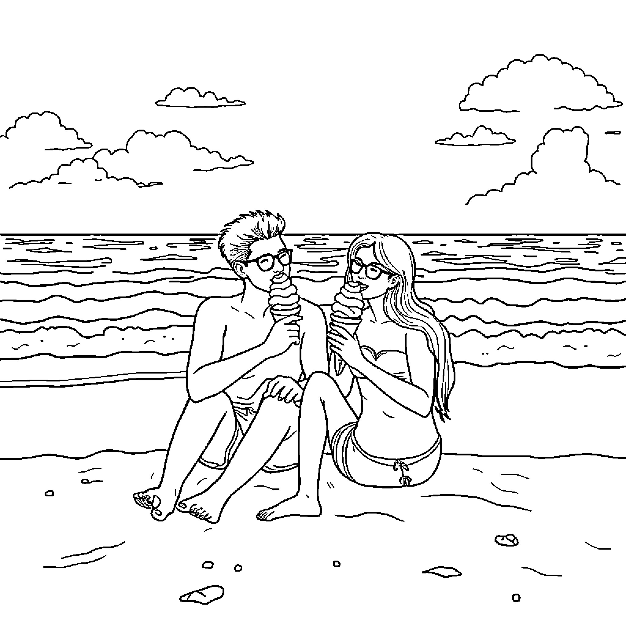 Couple enjoying a romantic beach day Coloring Page (free black-and-white line drawing printable PDF for all, from beginners to advanced learners, including children, teens, adults, and seniors)