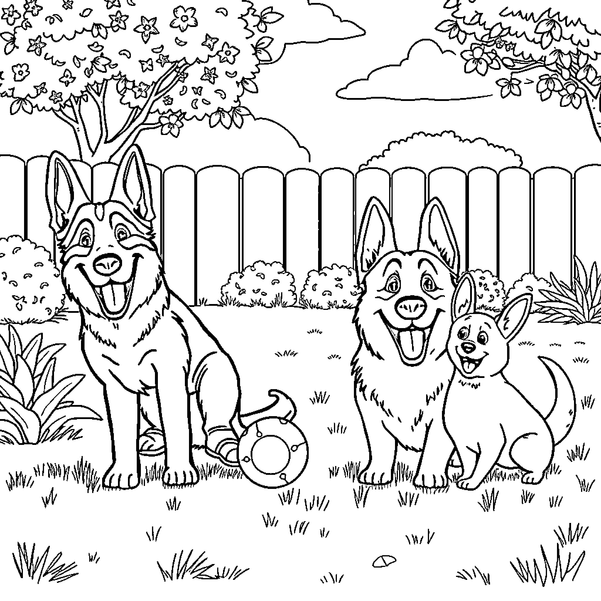 Toddler Pets Playing Happily in the Backyard Coloring Page (free black-and-white line drawing printable PDF for all, from beginners to advanced learners, including children, teens, adults, and seniors)