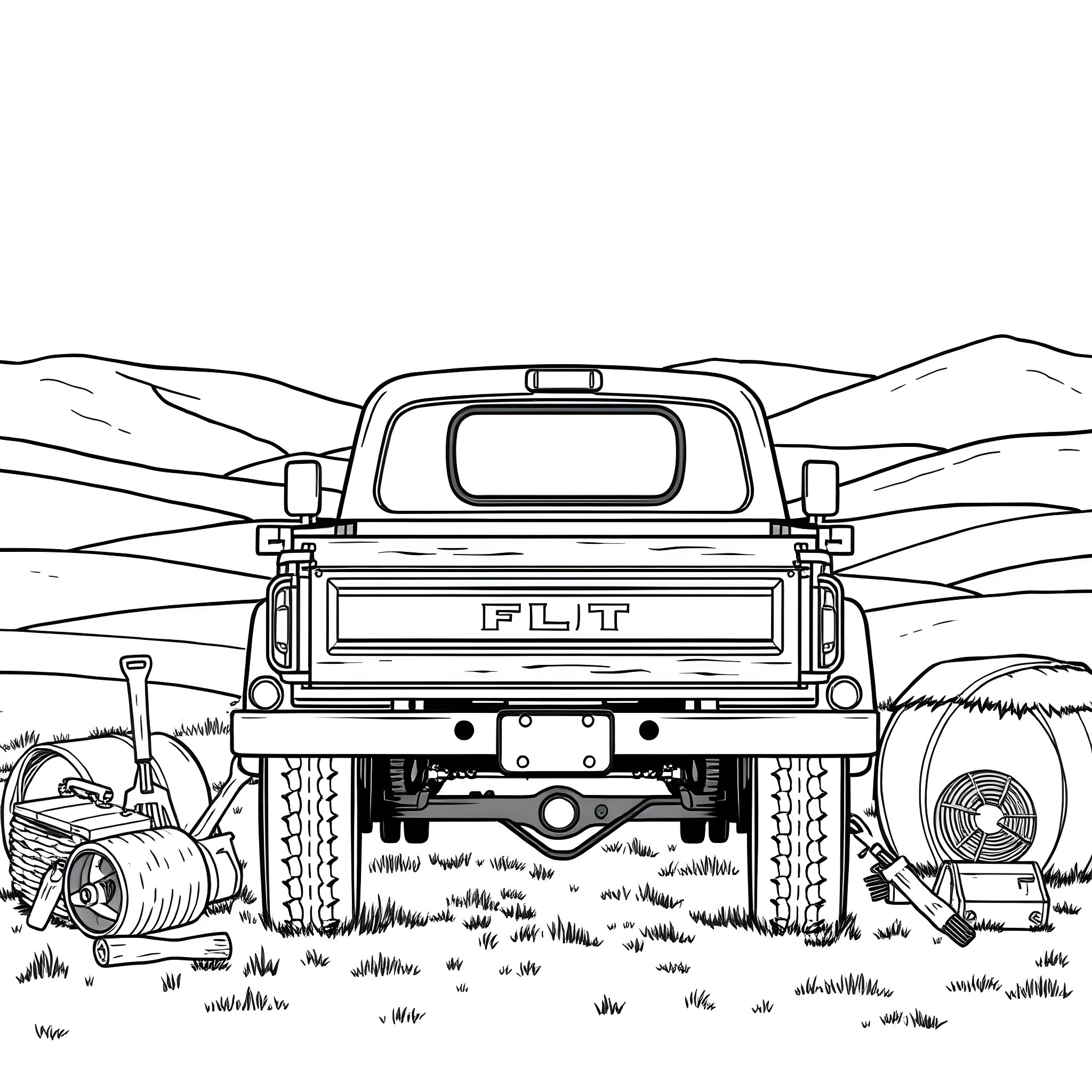 Flatbed truck loaded with equipment in the countryside Coloring Page (free black-and-white line drawing printable PDF for all, from beginners to advanced learners, including children, teens, adults, and seniors)