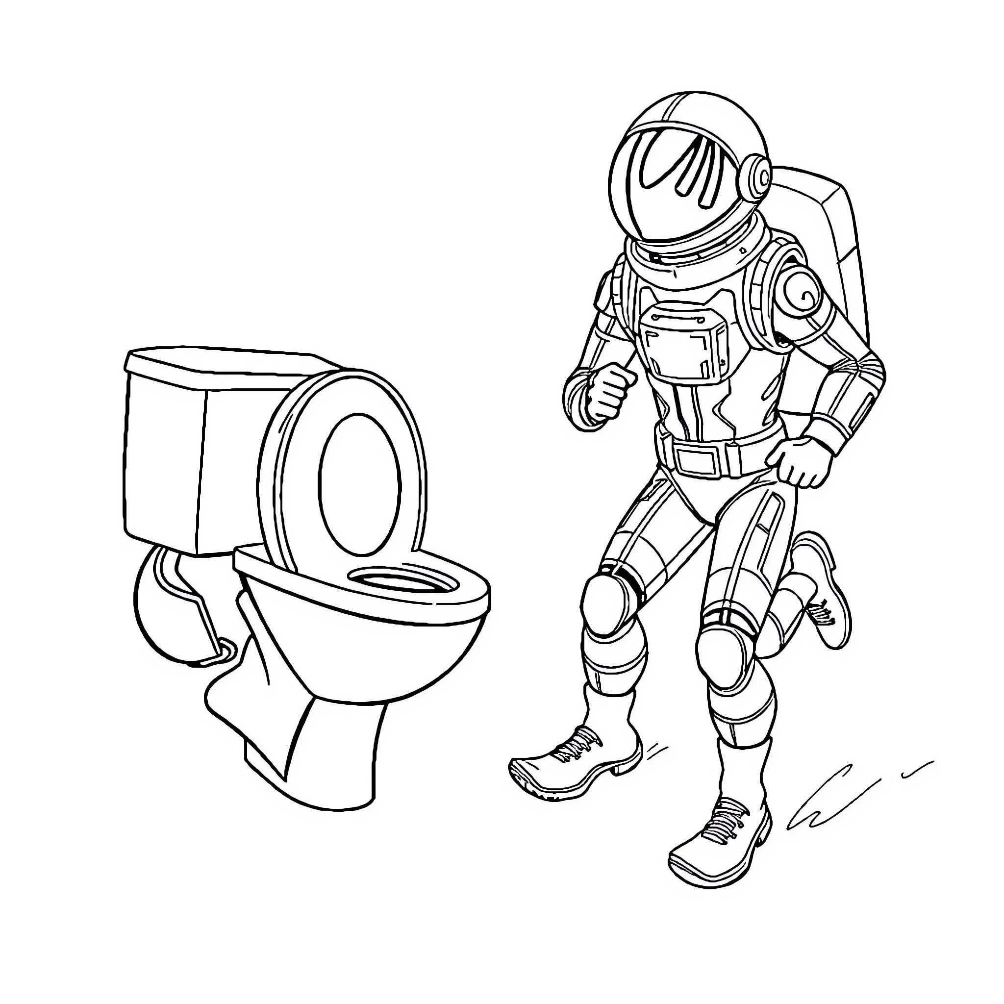 Toilet exploration by astronaut in spacesuit Coloring Page (free black-and-white line drawing printable PDF for all, from beginners to advanced learners, including children, teens, adults, and seniors)