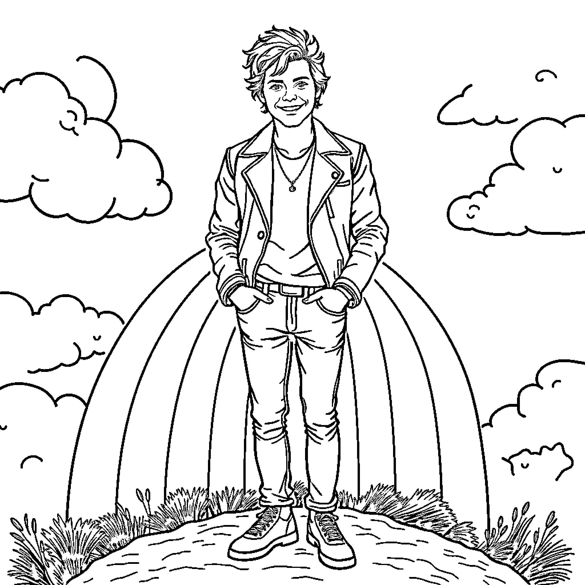 Harry Styles in a Relaxed Outdoor Setting Coloring Page (free black-and-white line drawing printable PDF for all, from beginners to advanced learners, including children, teens, adults, and seniors)