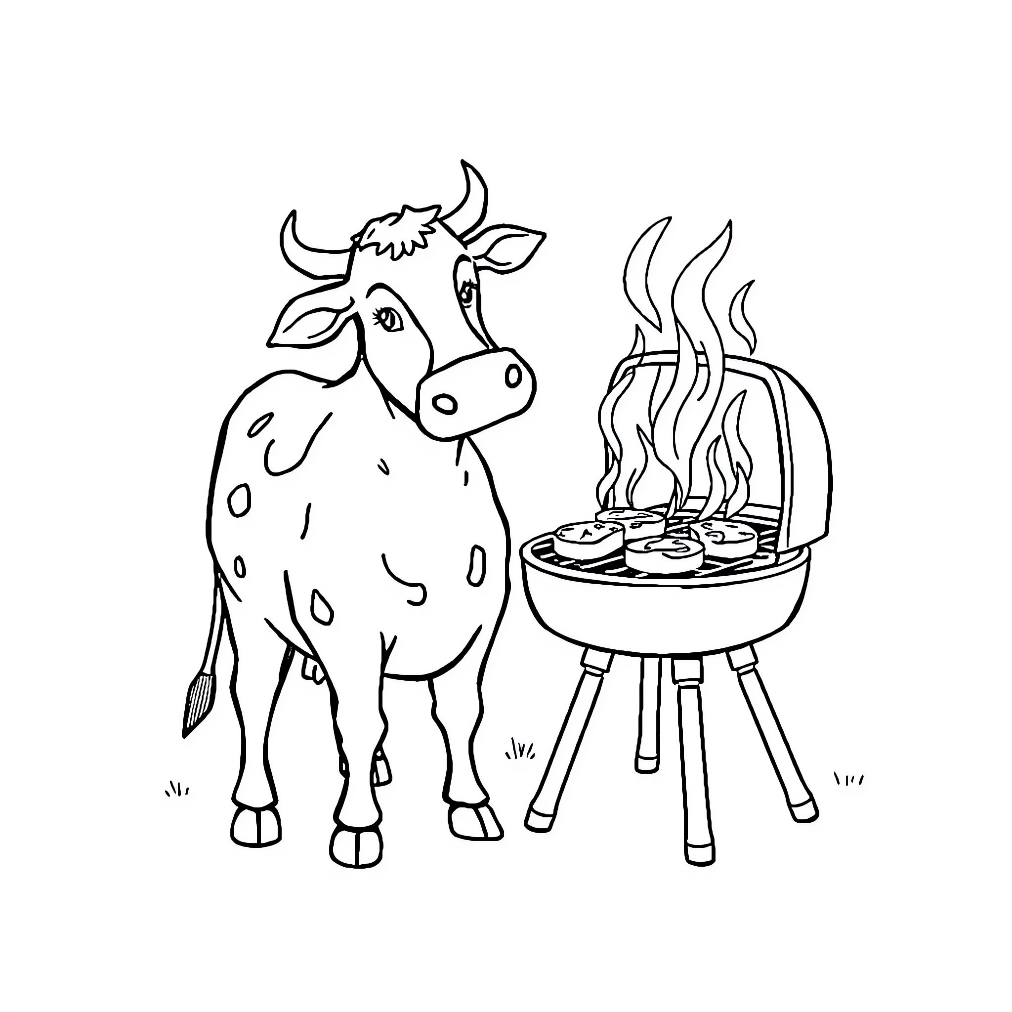 Cow enjoying a barbecue cookout Coloring Page (free black-and-white line drawing printable PDF for all, from beginners to advanced learners, including children, teens, adults, and seniors)