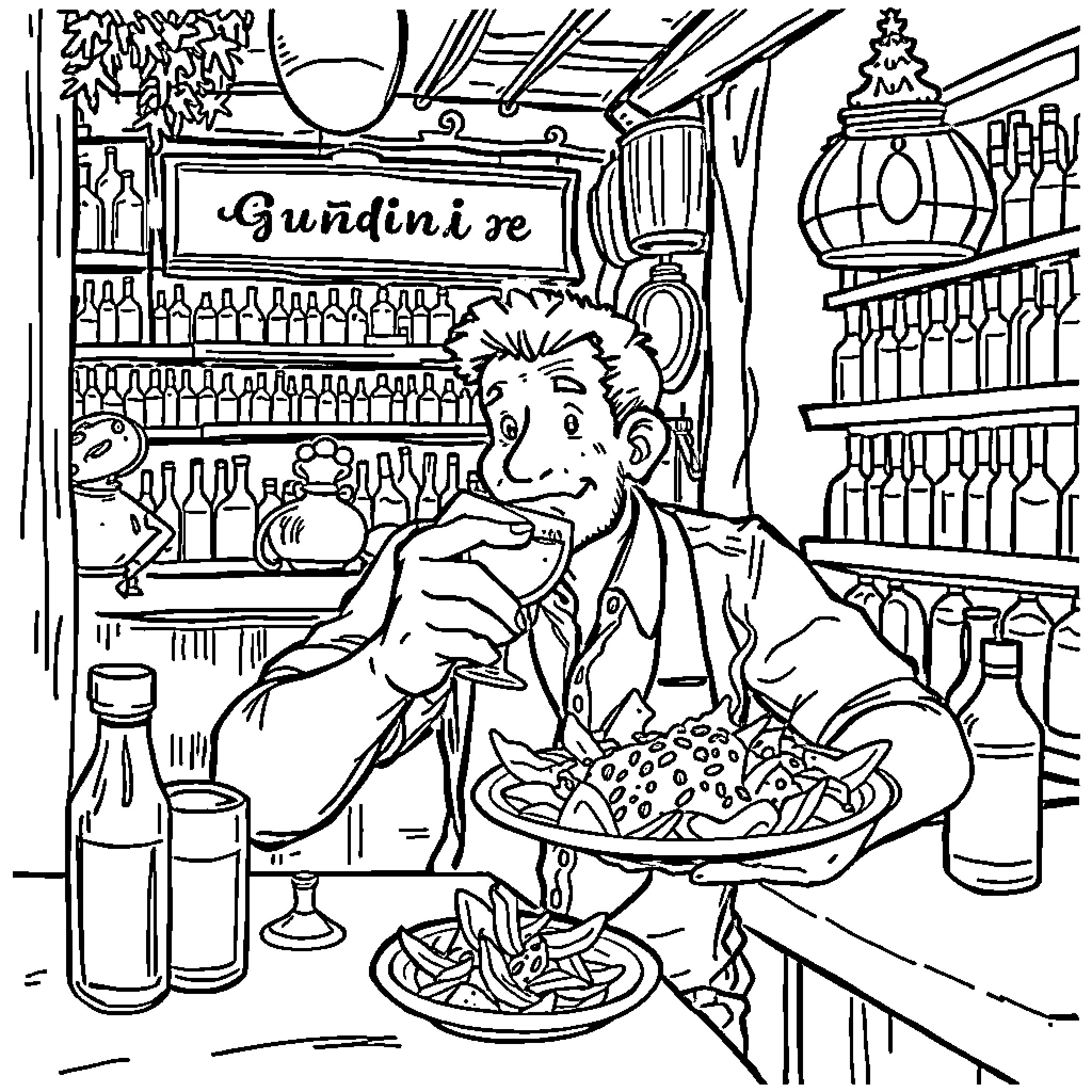 Barman serving delicious food and drinks in a cozy tavern Coloring Page (free black-and-white line drawing printable PDF for all, from beginners to advanced learners, including children, teens, adults, and seniors)