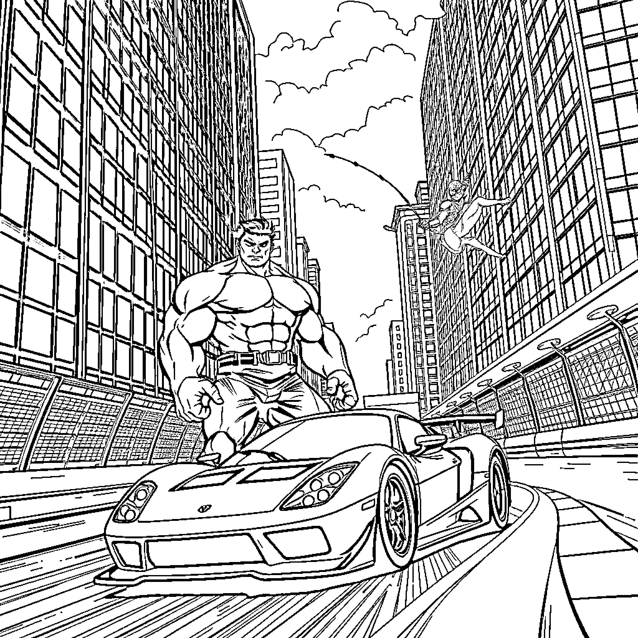 Spiderman swinging through the city in a sports car Coloring Page (free black-and-white line drawing printable PDF for all, from beginners to advanced learners, including children, teens, adults, and seniors)