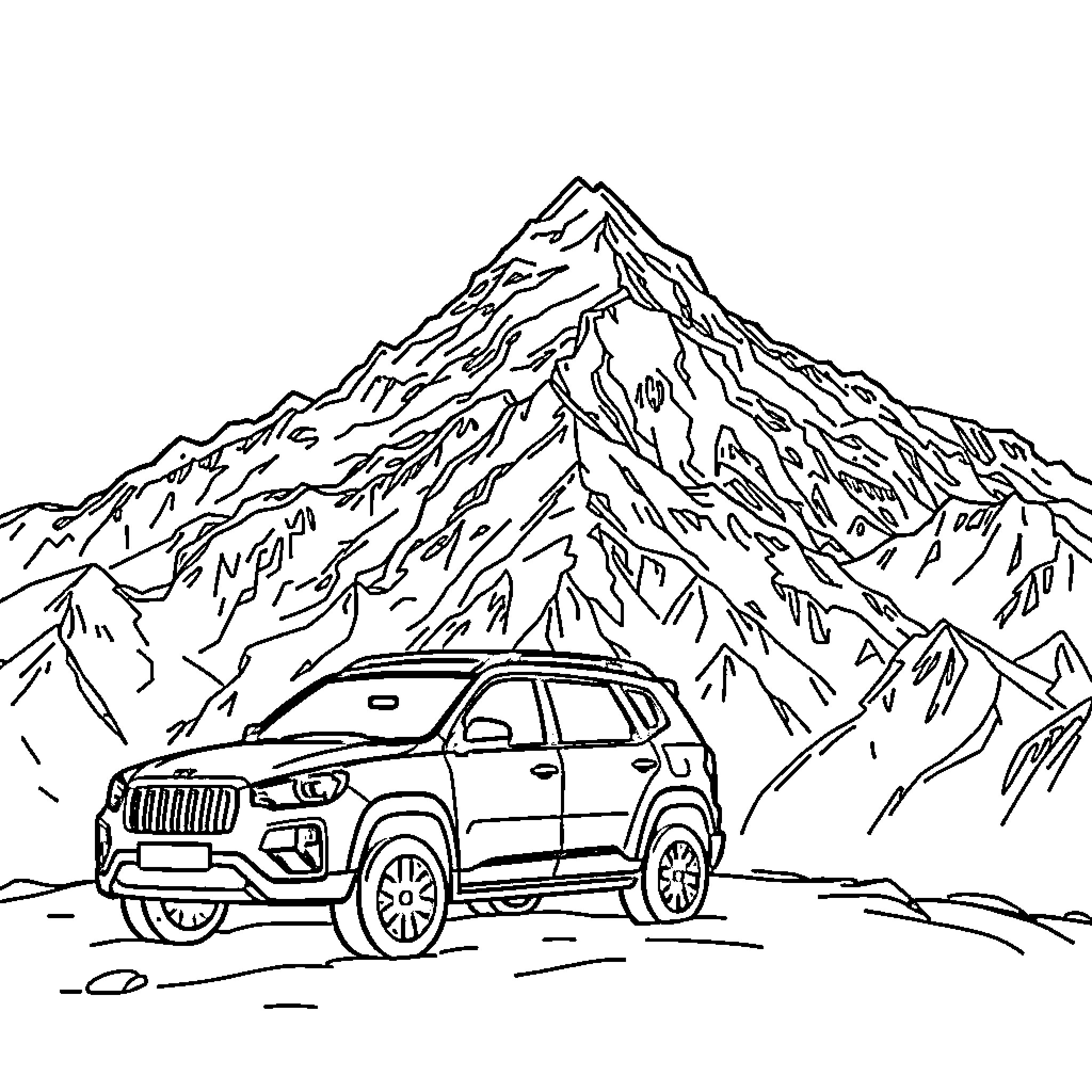 Car crossing rugged mountain landscape Coloring Page (free black-and-white line drawing printable PDF for all, from beginners to advanced learners, including children, teens, adults, and seniors)