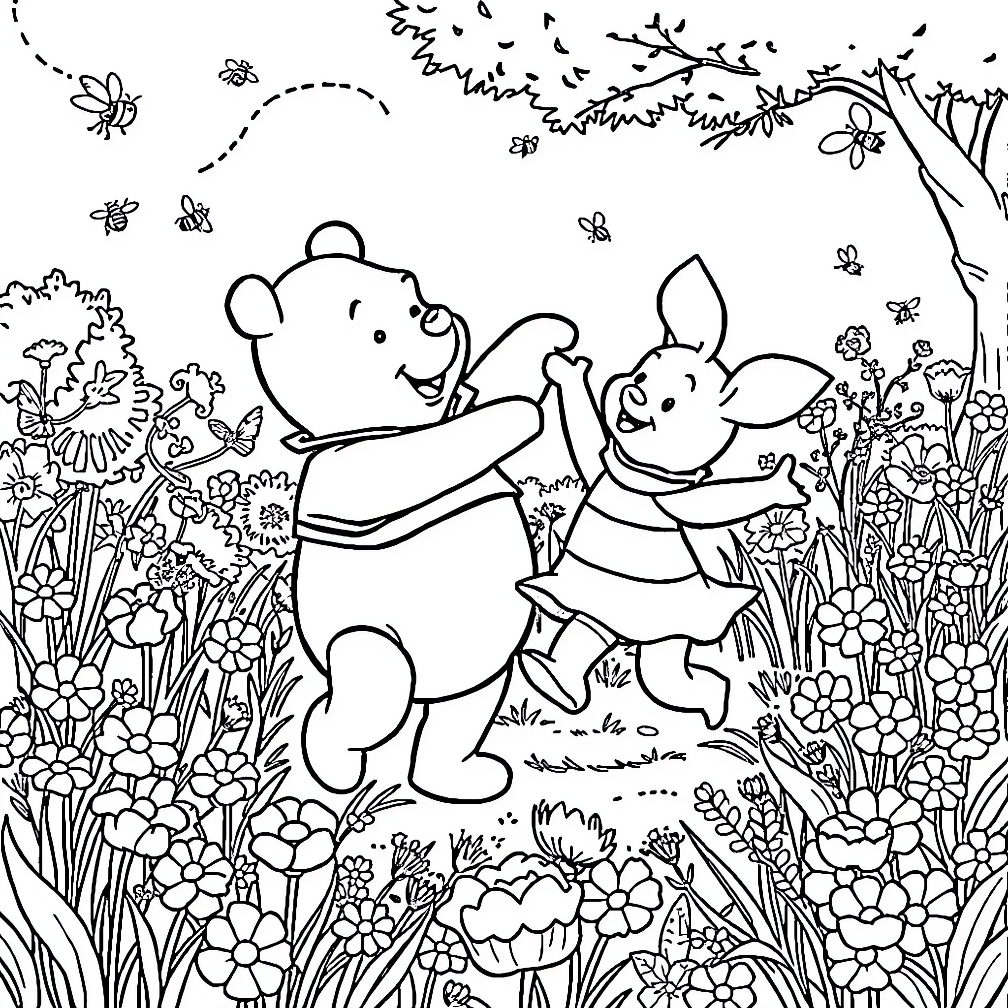Piglet friends exploring the flowery meadow Coloring Page (free black-and-white line drawing printable PDF for all, from beginners to advanced learners, including children, teens, adults, and seniors)