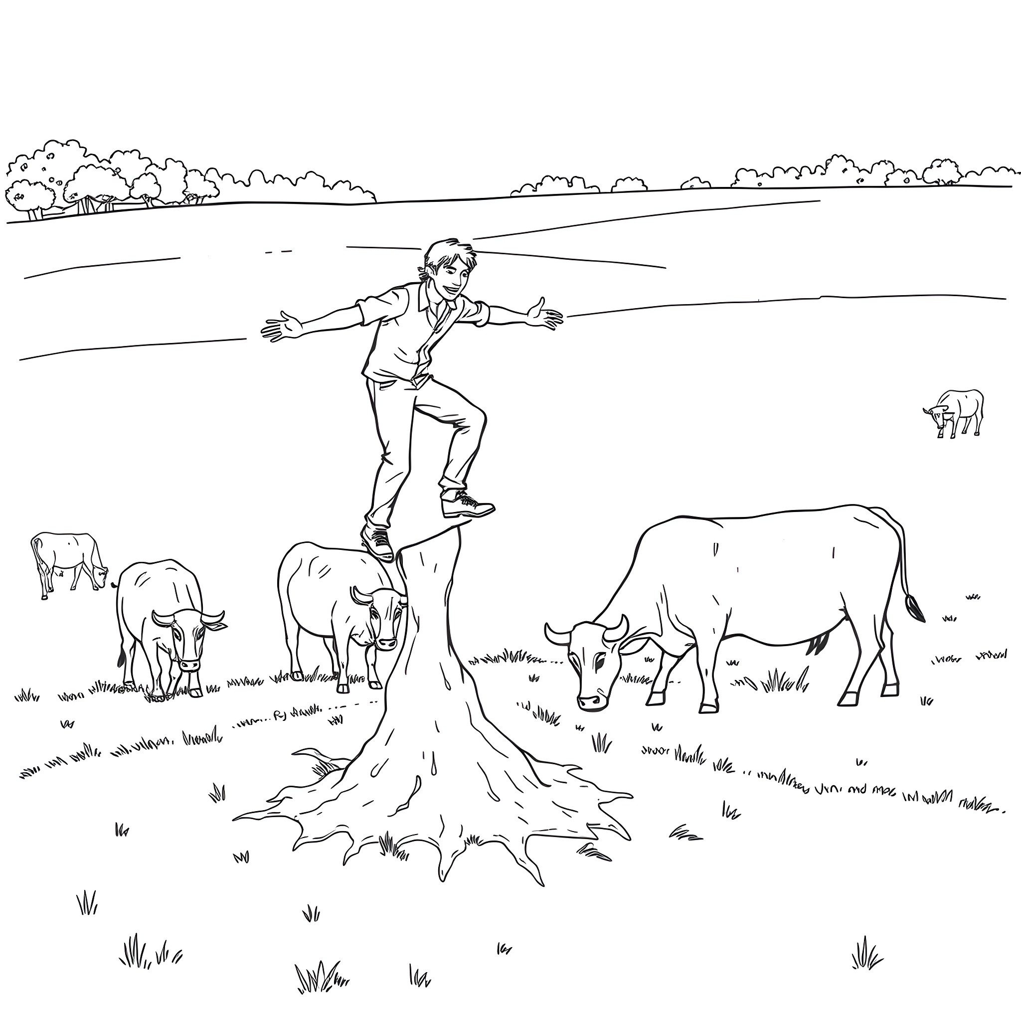 Man balancing on tree stump with cattle in field Coloring Page (free black-and-white line drawing printable PDF for all, from beginners to advanced learners, including children, teens, adults, and seniors)