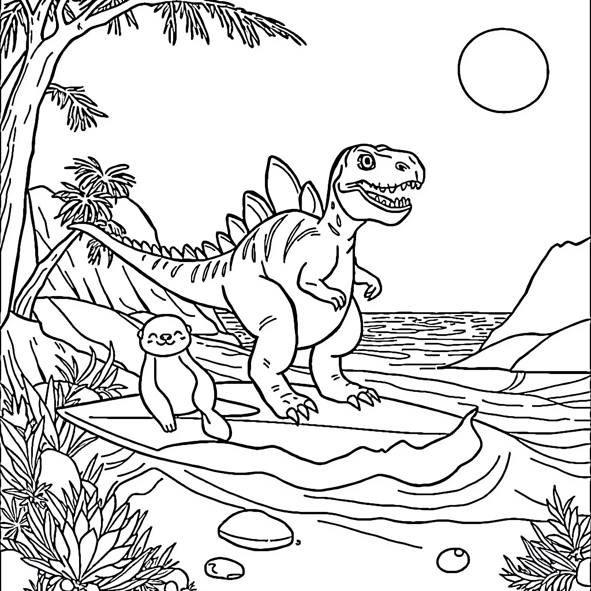 Spinosaurus exploring the prehistoric landscape Coloring Page (free black-and-white line drawing printable PDF for all, from beginners to advanced learners, including children, teens, adults, and seniors)
