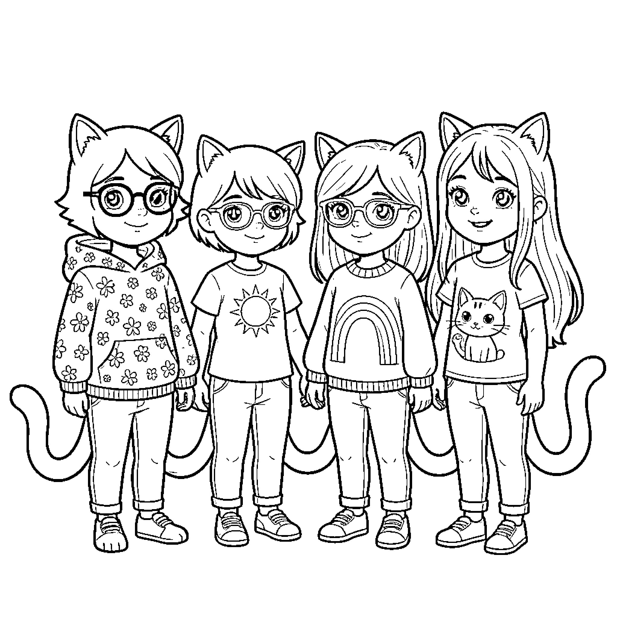 Fille enjoying time with friends in casual outfits Coloring Page (free black-and-white line drawing printable PDF for all, from beginners to advanced learners, including children, teens, adults, and seniors)