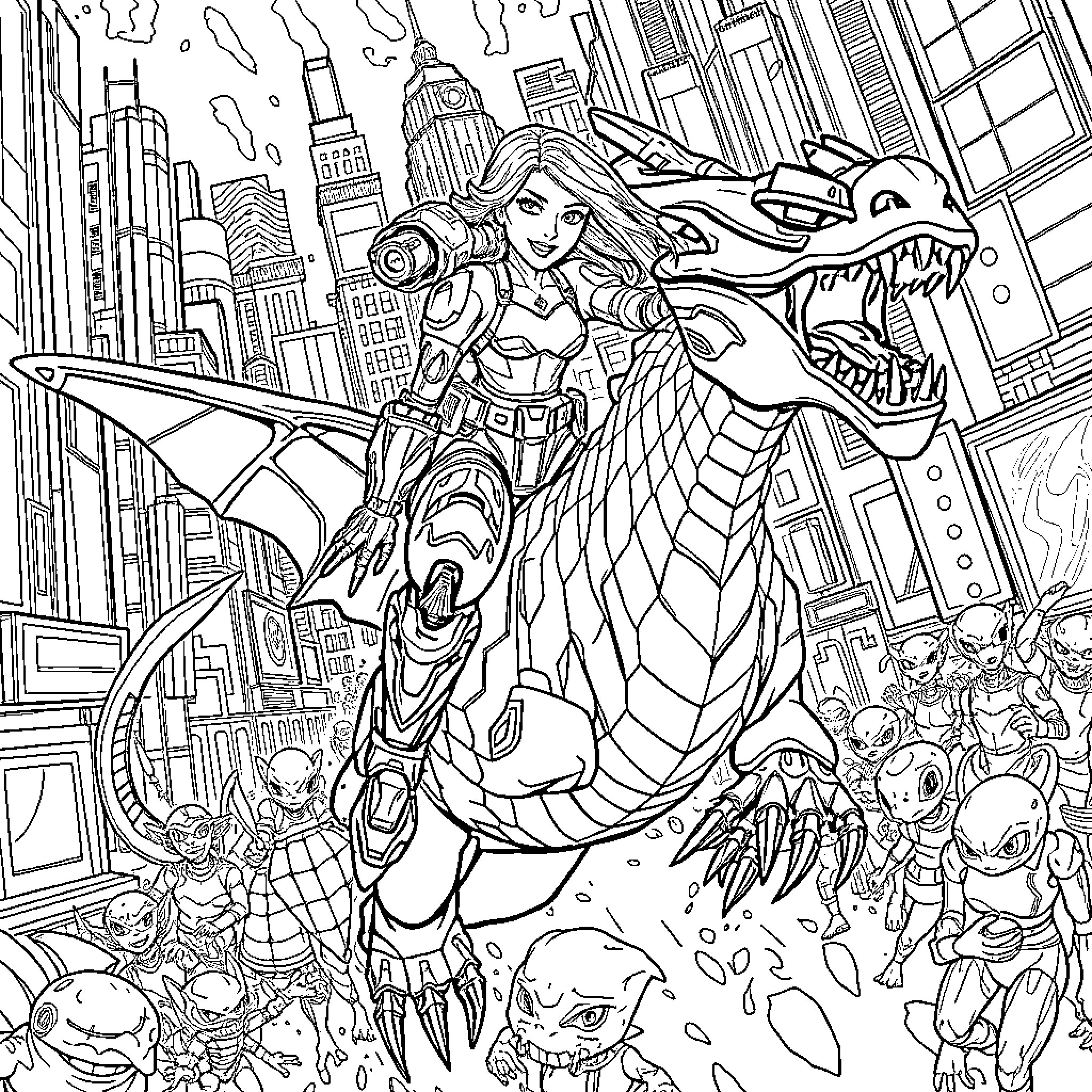 Cyborg hero battling monstrous foes in futuristic city Coloring Page (free black-and-white line drawing printable PDF for all, from beginners to advanced learners, including children, teens, adults, and seniors)