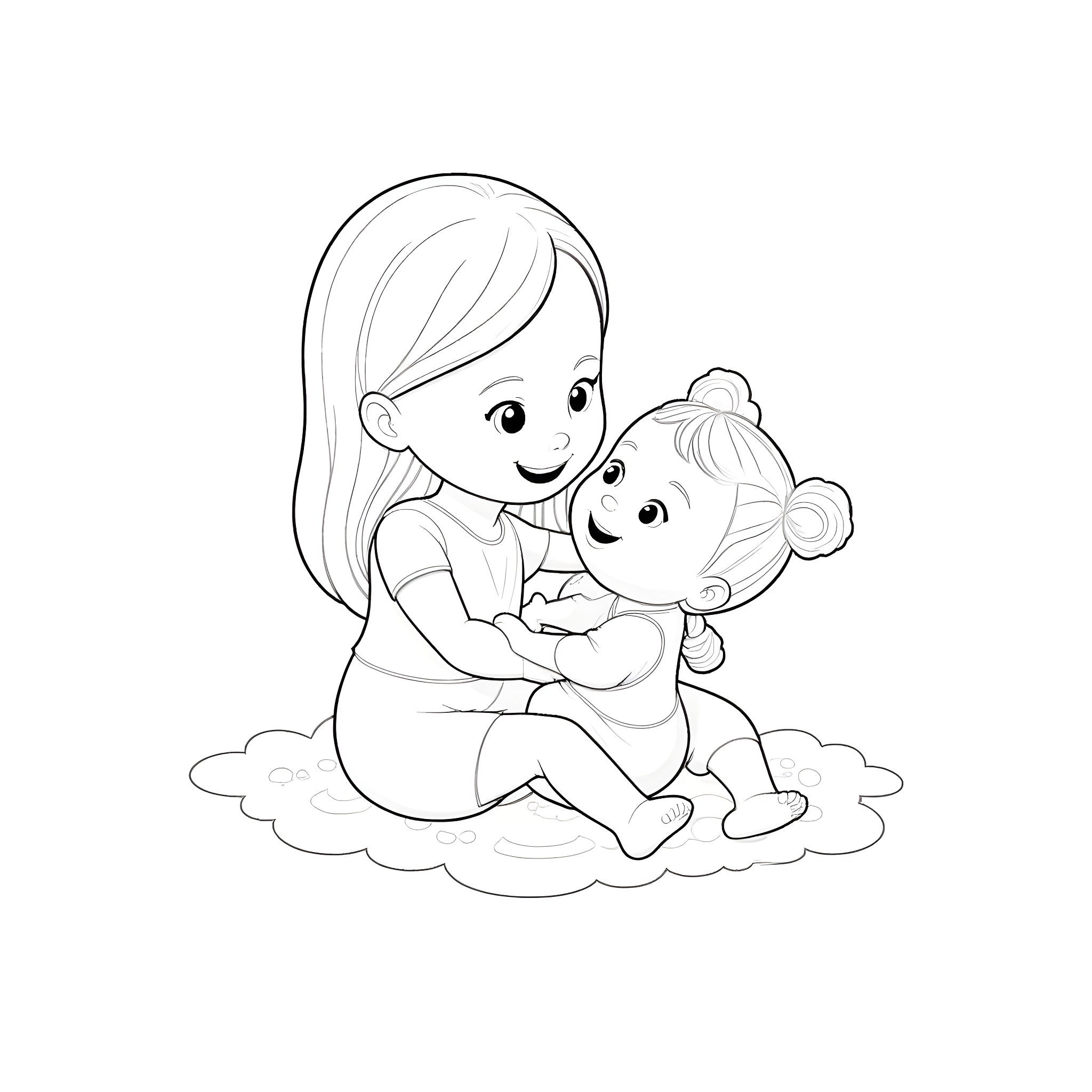 Babyalive playing happily with her baby doll Coloring Page (free black-and-white line drawing printable PDF for all, from beginners to advanced learners, including children, teens, adults, and seniors)
