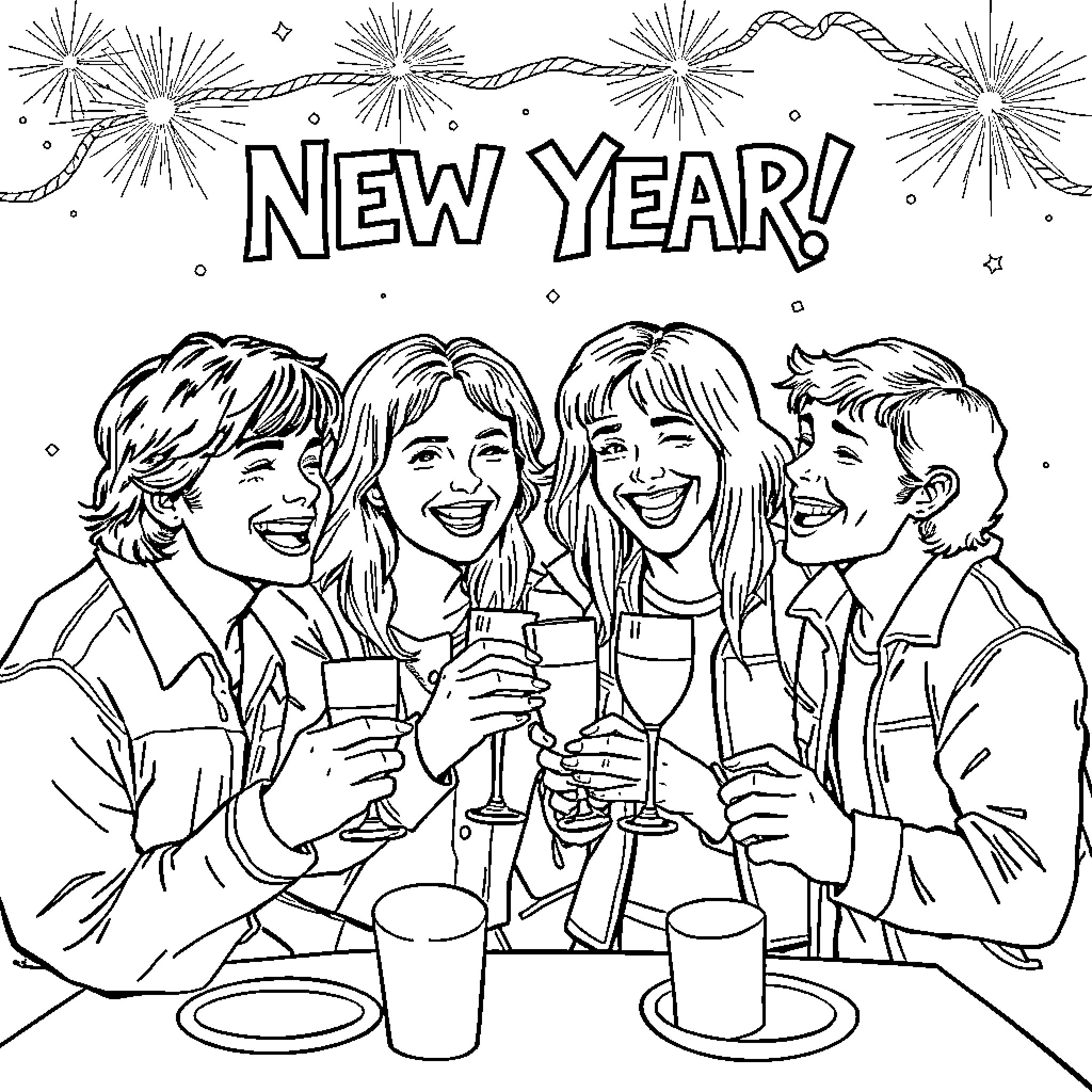 Stranger Things: Friends Celebrating New Year Together Coloring Page (free black-and-white line drawing printable PDF for all, from beginners to advanced learners, including children, teens, adults, and seniors)
