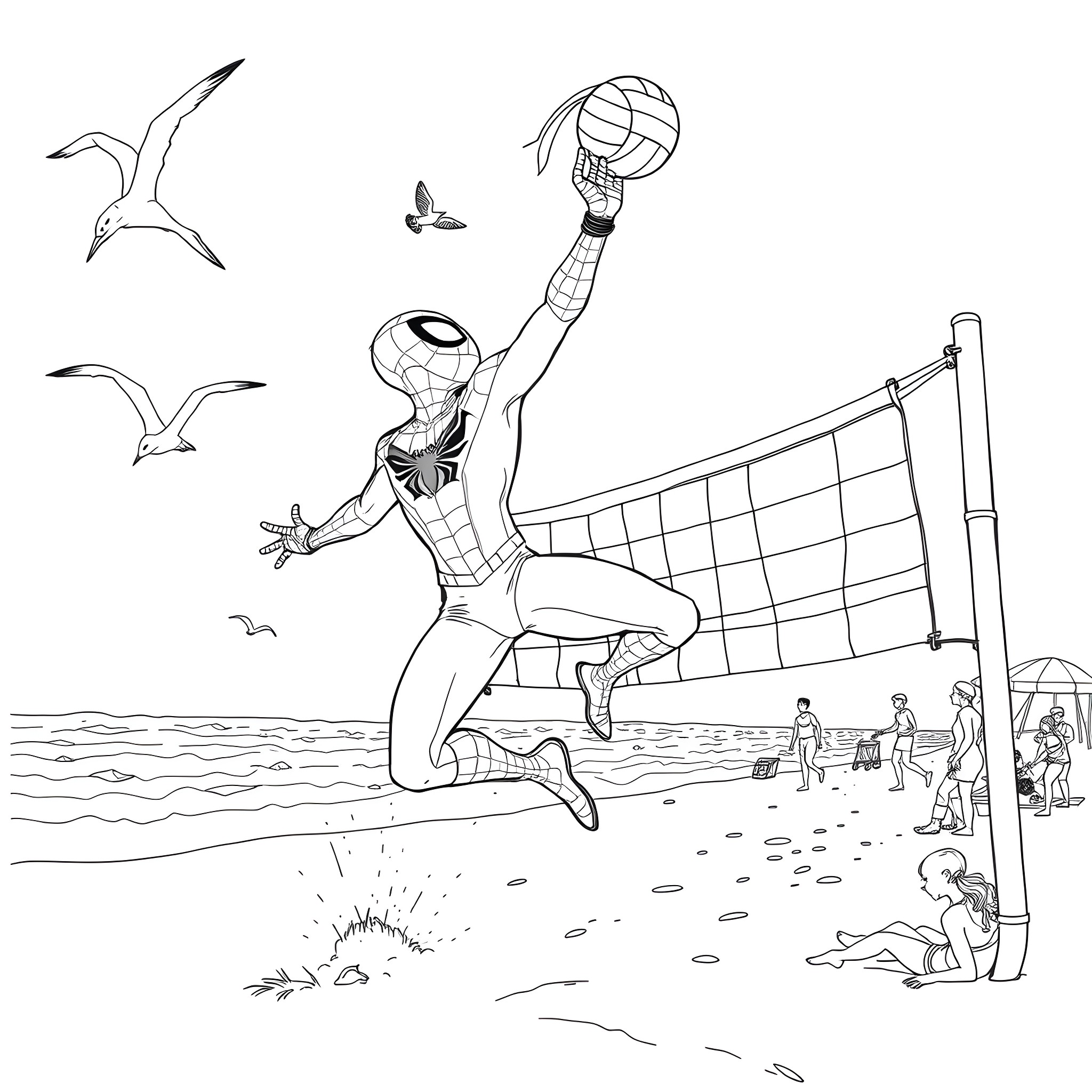 Spiderman playing volleyball on the beach Coloring Page (free black-and-white line drawing printable PDF for all, from beginners to advanced learners, including children, teens, adults, and seniors)
