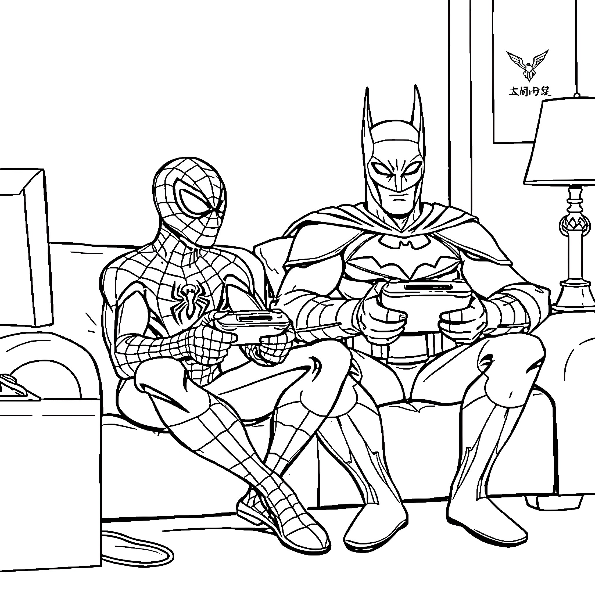 Spider-Man and Batman playing video games together Coloring Page (free black-and-white line drawing printable PDF for all, from beginners to advanced learners, including children, teens, adults, and seniors)