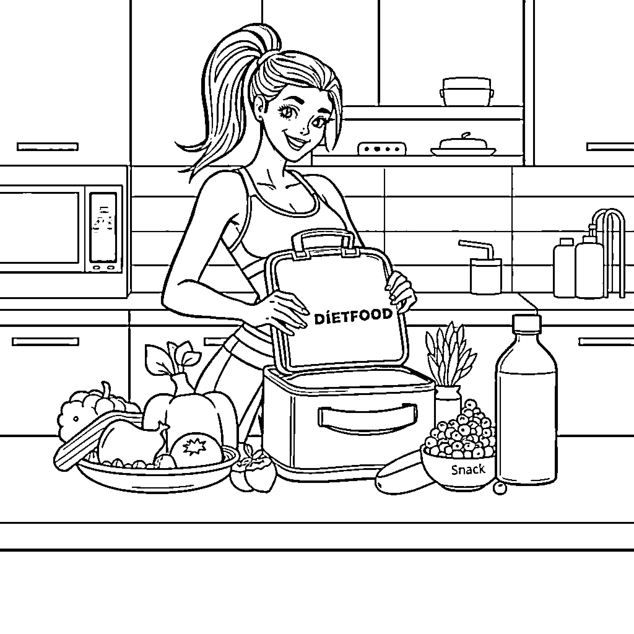 Woman preparing healthy meal in kitchen Coloring Page (free black-and-white line drawing printable PDF for all, from beginners to advanced learners, including children, teens, adults, and seniors)