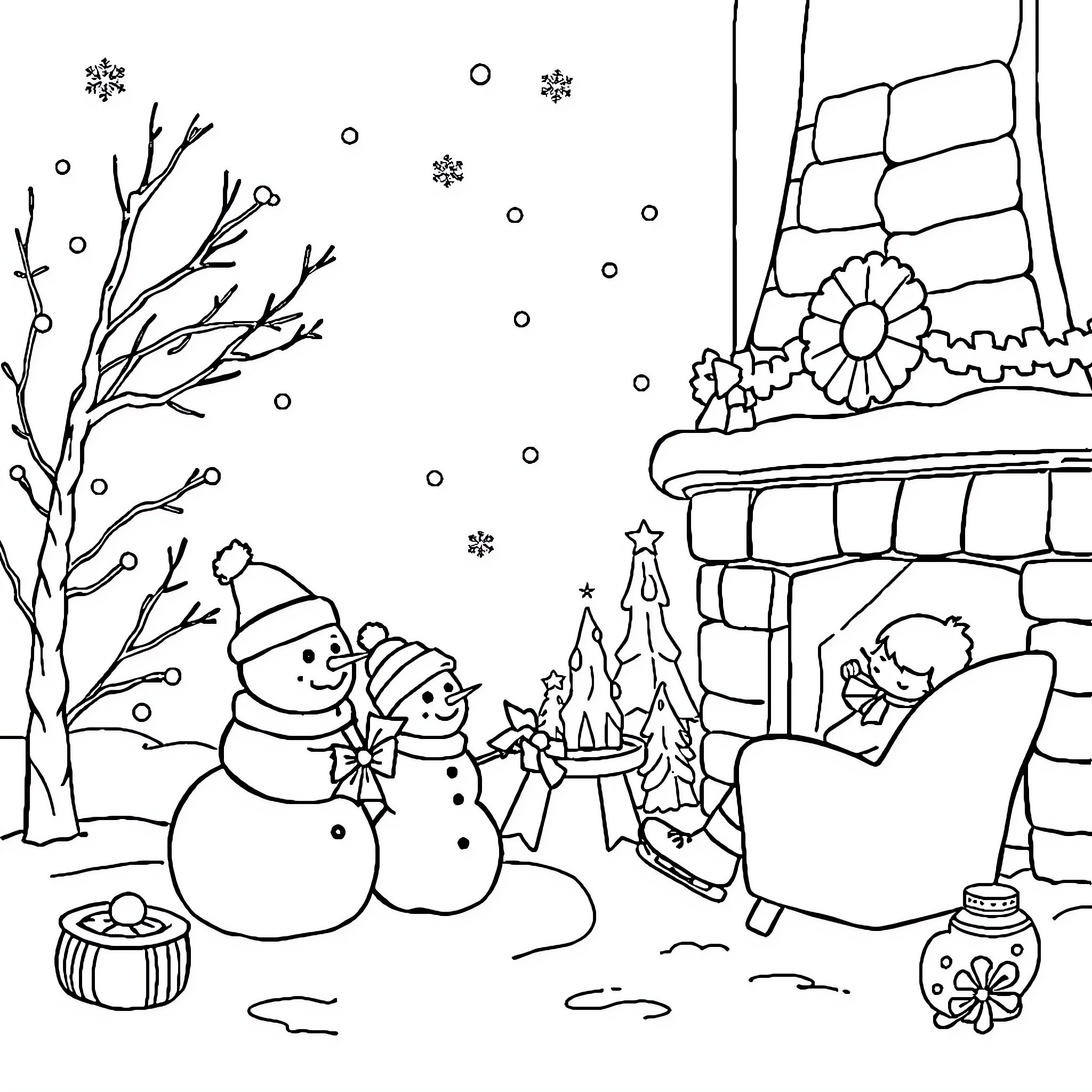 Winter Wonderland with Snowmen and Fireplace Coloring Page (free black-and-white line drawing printable PDF for all, from beginners to advanced learners, including children, teens, adults, and seniors)