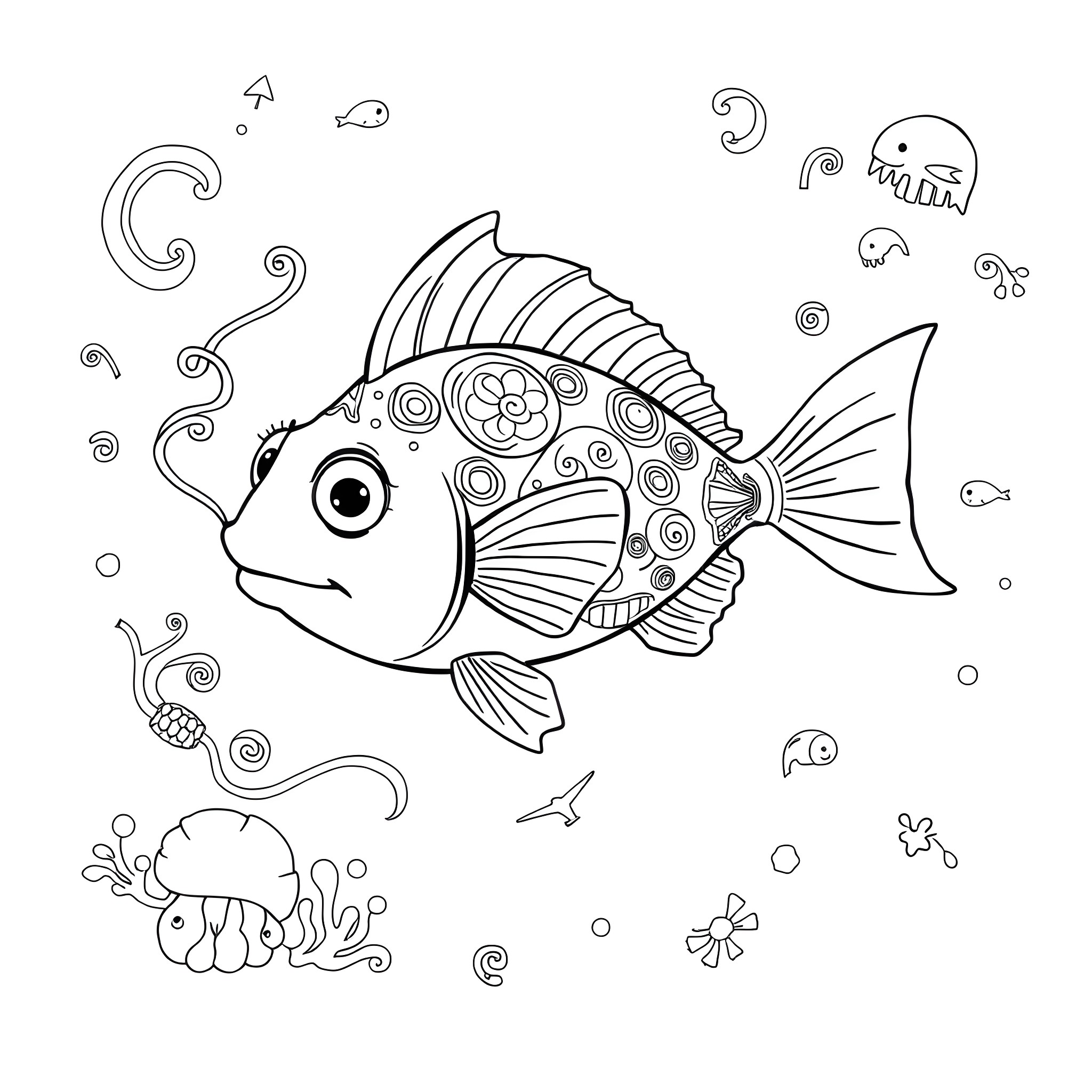 Anglerfish swimming with colorful decor Coloring Page (free black-and-white line drawing printable PDF for all, from beginners to advanced learners, including children, teens, adults, and seniors)