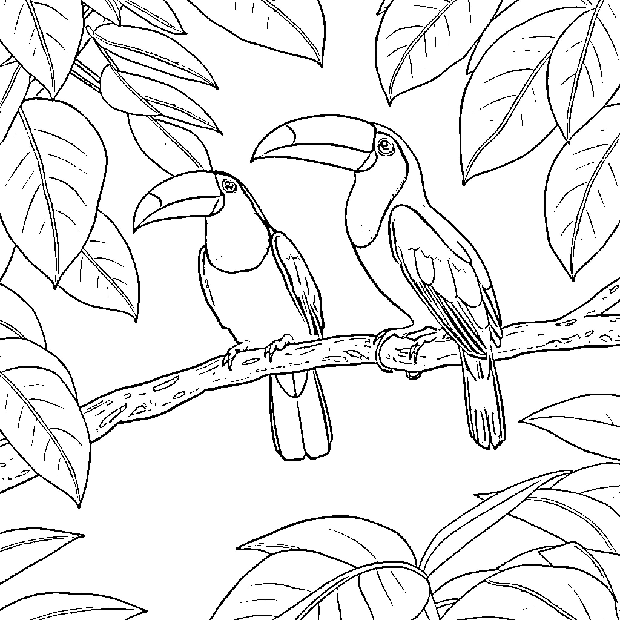 Toucan pair perched on branch amid tropical foliage Coloring Page (free black-and-white line drawing printable PDF for all, from beginners to advanced learners, including children, teens, adults, and seniors)