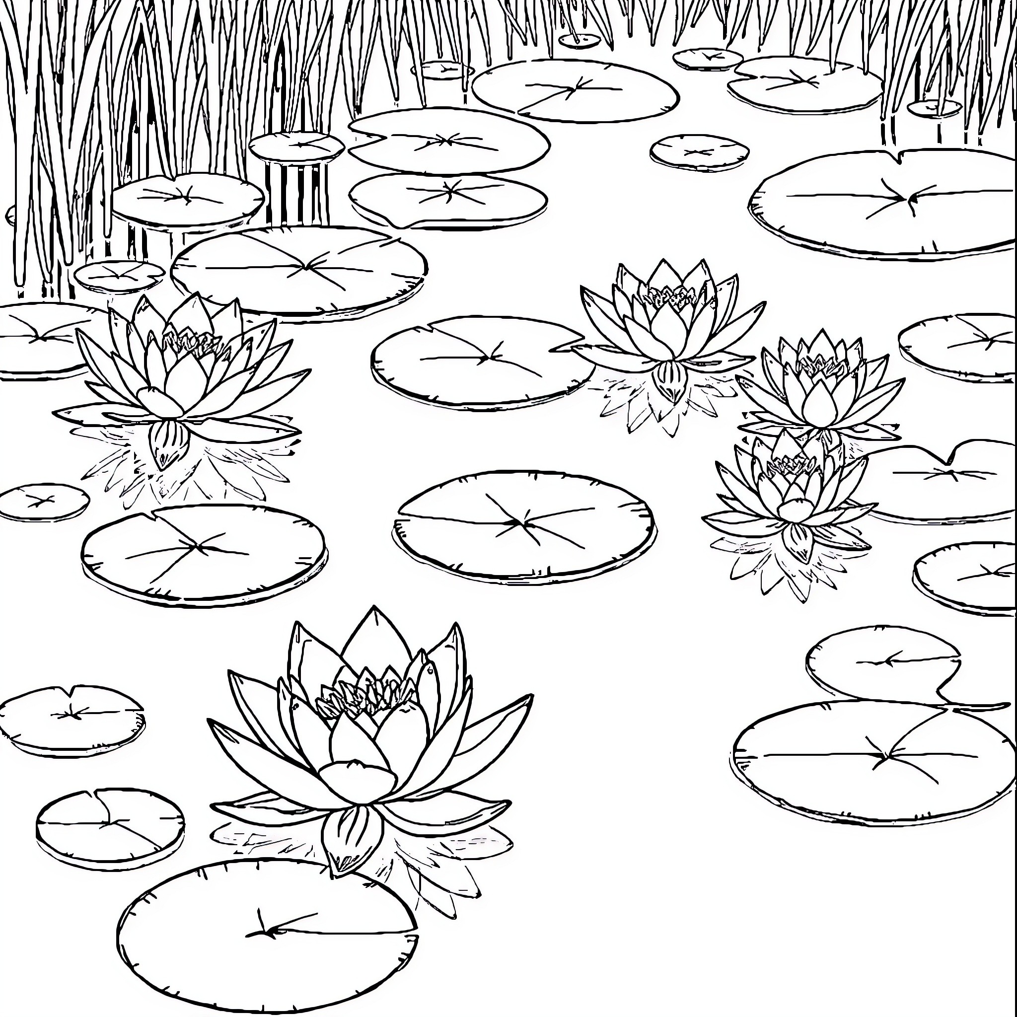 Water Lily Pond with Floating Lotus Flowers Coloring Page (free black-and-white line drawing printable PDF for all, from beginners to advanced learners, including children, teens, adults, and seniors)