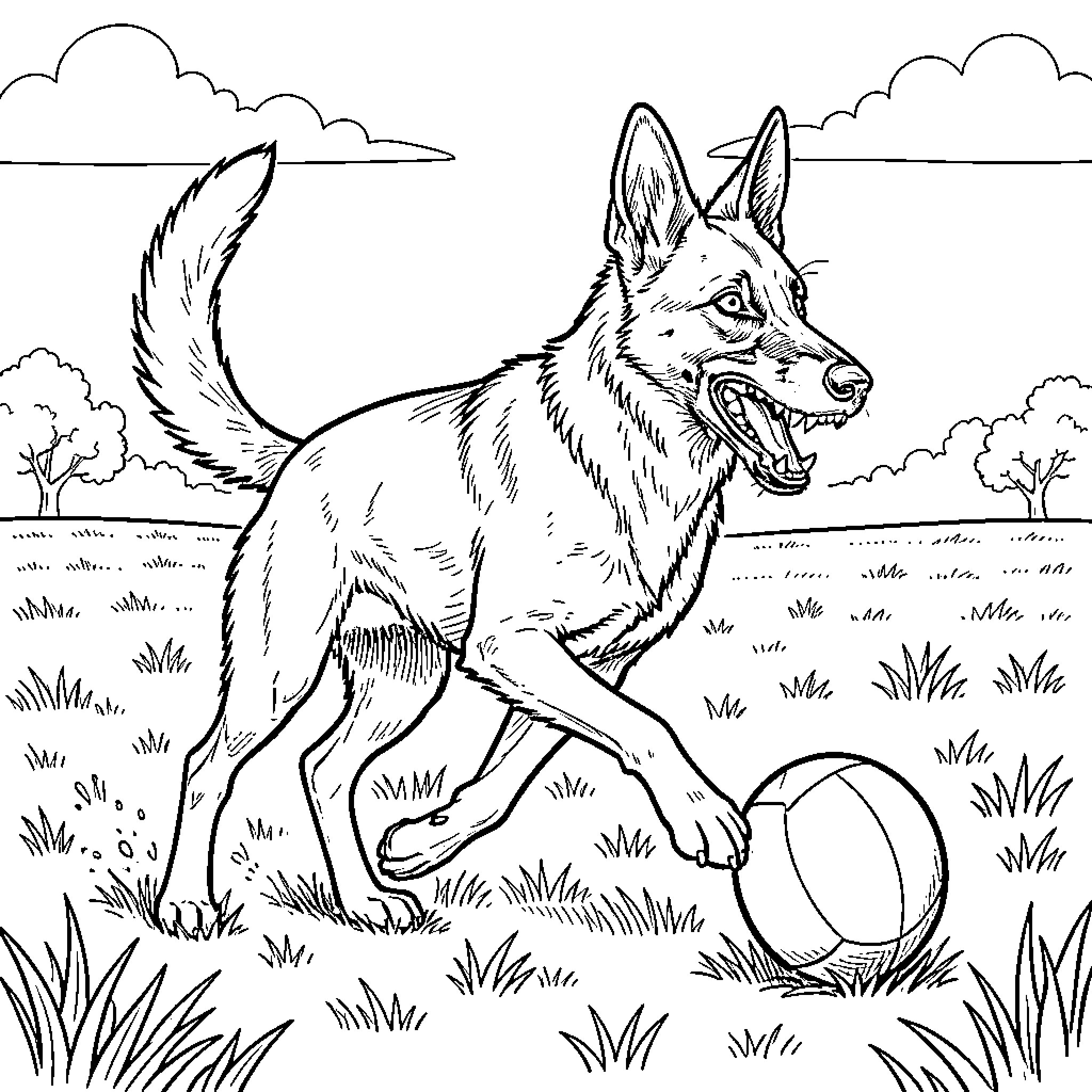Belgium Malinois running and playing with a ball Coloring Page (free black-and-white line drawing printable PDF for all, from beginners to advanced learners, including children, teens, adults, and seniors)